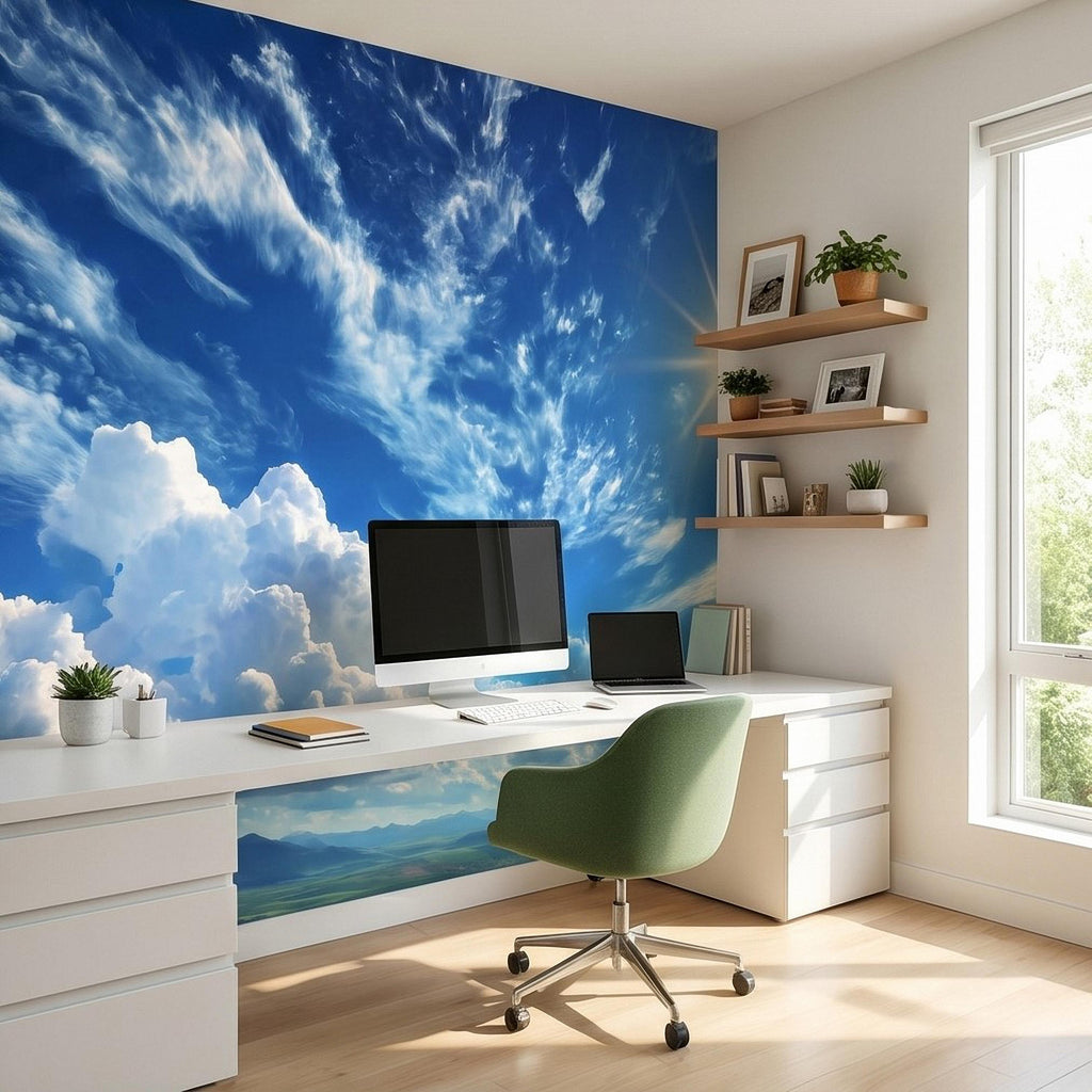 Blue Sky Clouds Peel and Stick Wall Mural, Bright Sunny Day Cumulus Cloudscape, Open Air Ceiling Illusion, Wide Horizon Landscape Wallpaper