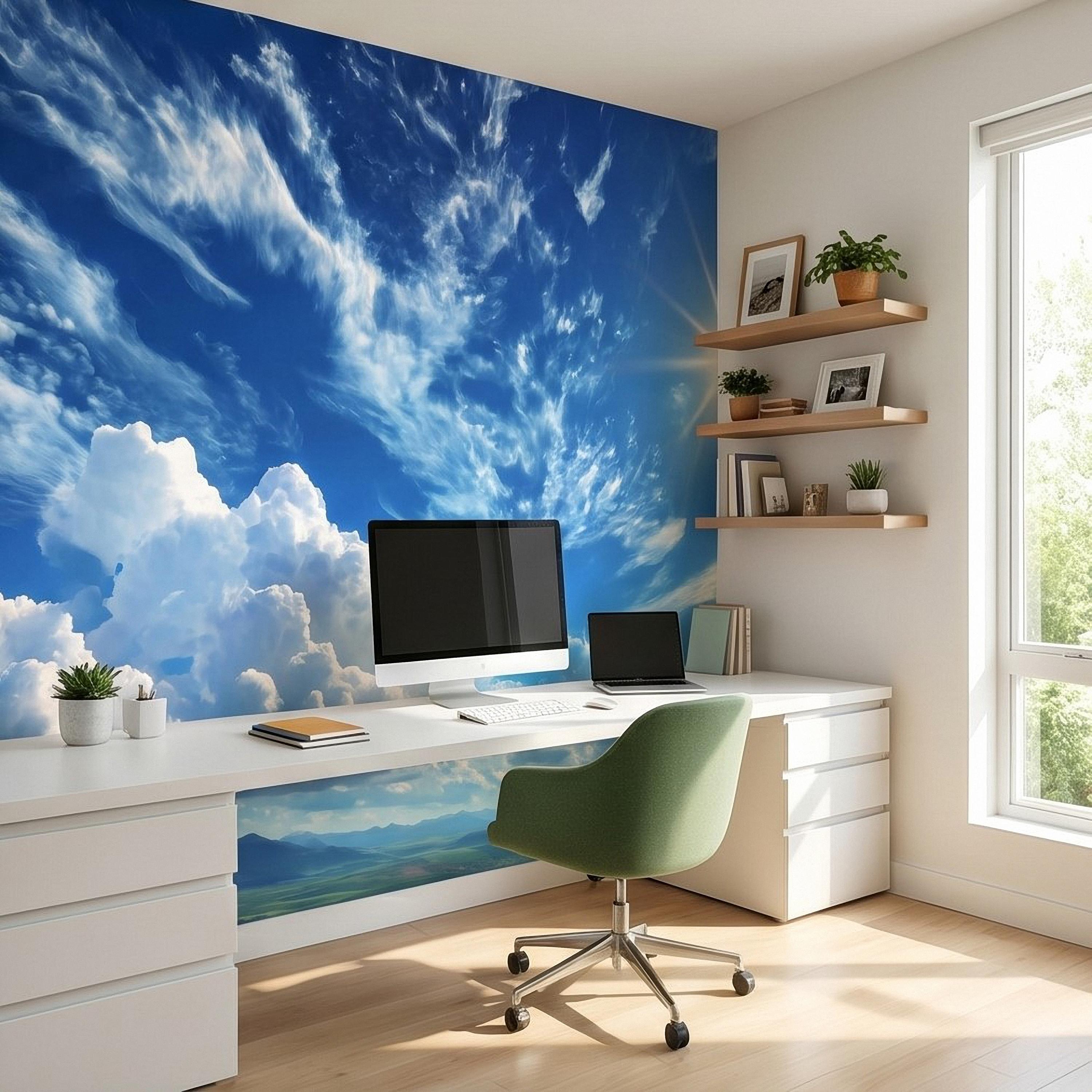 Blue Sky Clouds Peel and Stick Wall Mural, Bright Sunny Day Cumulus Cloudscape, Open Air Ceiling Illusion, Wide Horizon Landscape Wallpaper