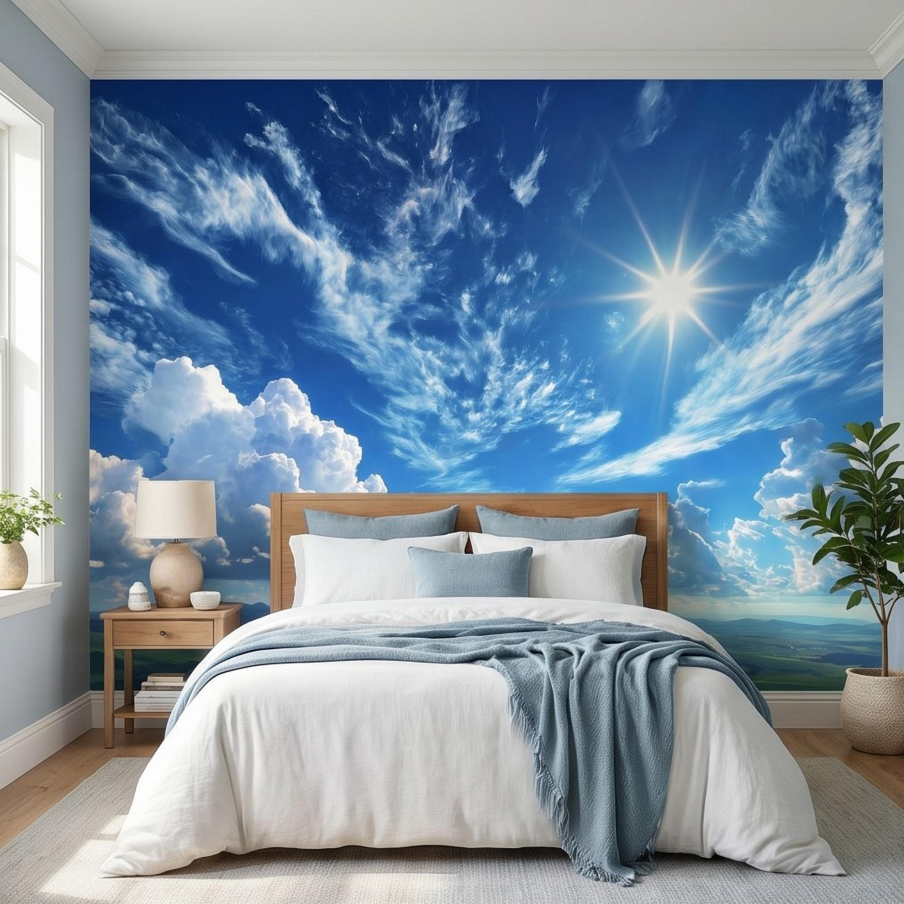 Blue Sky Clouds Peel and Stick Wall Mural, Bright Sunny Day Cumulus Cloudscape, Open Air Ceiling Illusion, Wide Horizon Landscape Wallpaper