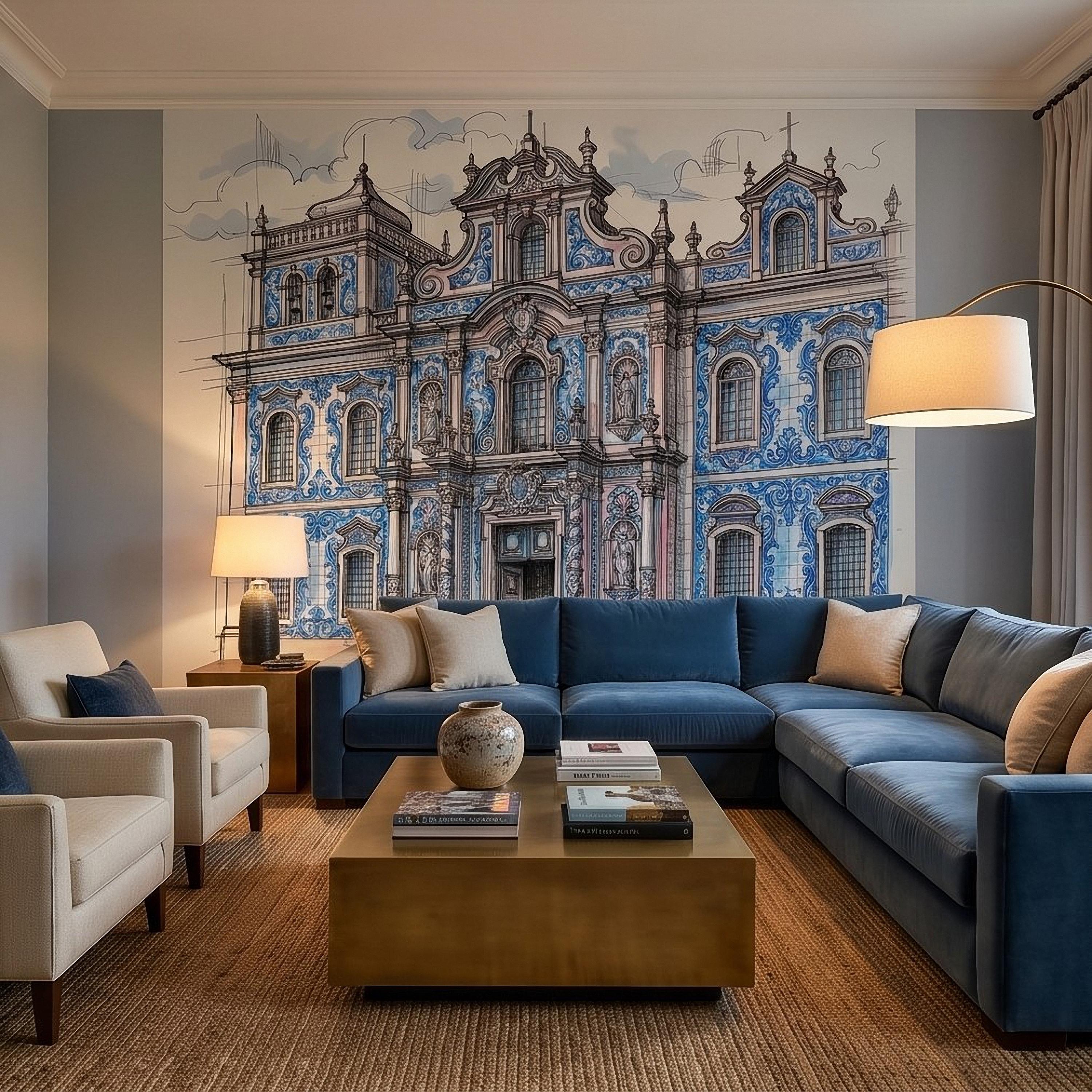 Portuguese Azulejo Tile Building Peel and Stick Wall Mural, Blue White Baroque Facade Sketch, Lisbon Architecture Illustration Wallpaper