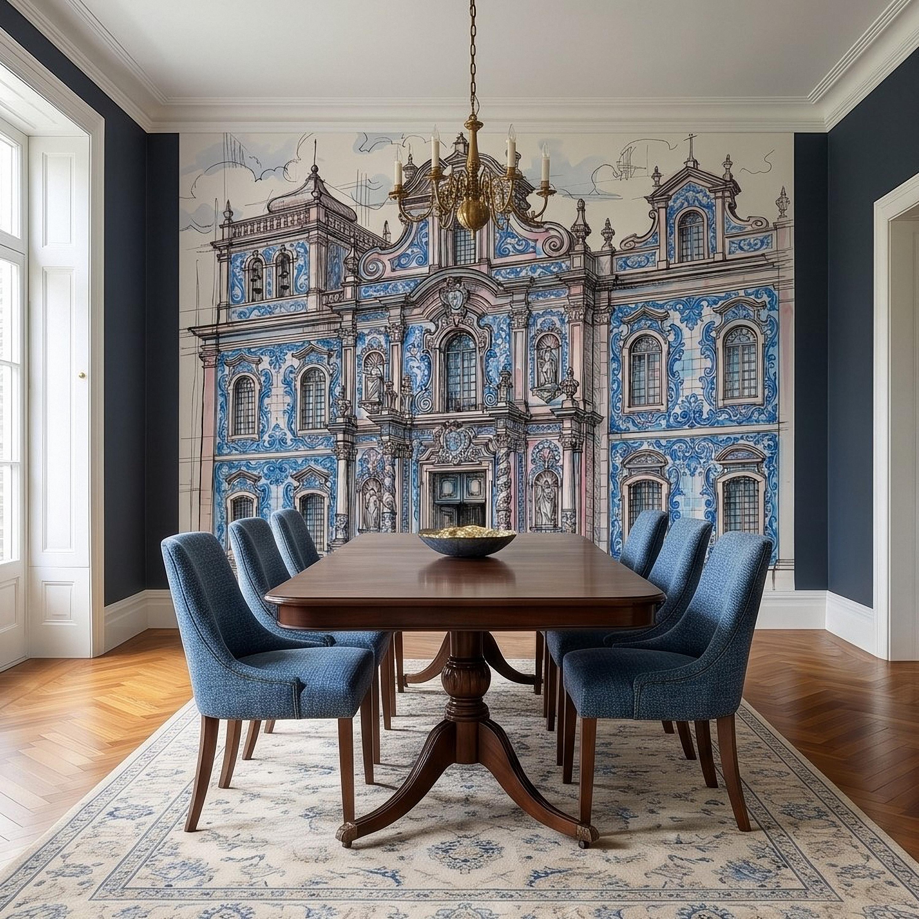 Portuguese Azulejo Tile Building Peel and Stick Wall Mural, Blue White Baroque Facade Sketch, Lisbon Architecture Illustration Wallpaper