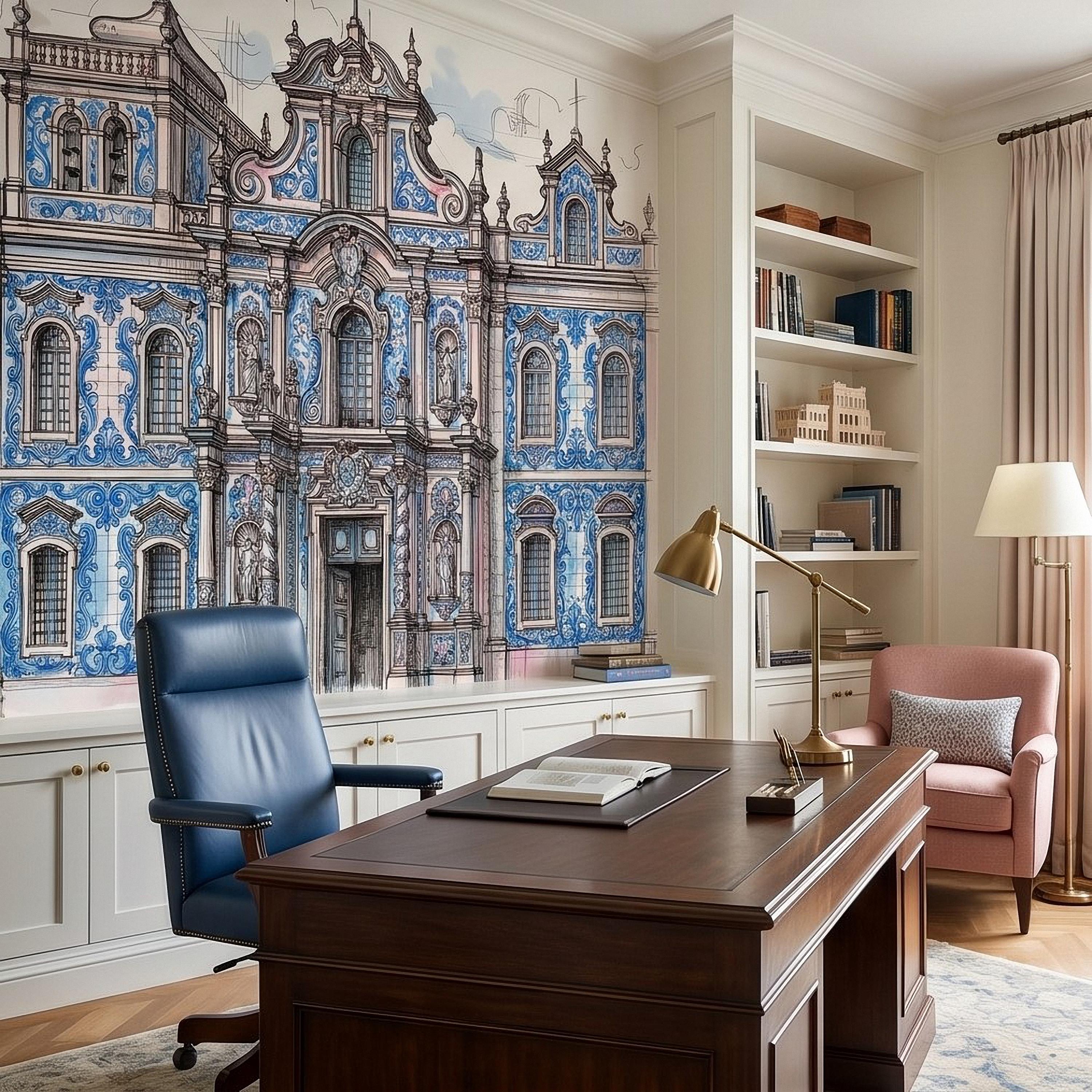 Portuguese Azulejo Tile Building Peel and Stick Wall Mural, Blue White Baroque Facade Sketch, Lisbon Architecture Illustration Wallpaper