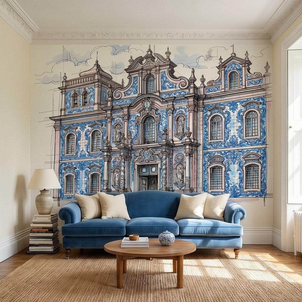 Portuguese Azulejo Tile Building Peel and Stick Wall Mural, Blue White Baroque Facade Sketch, Lisbon Architecture Illustration Wallpaper