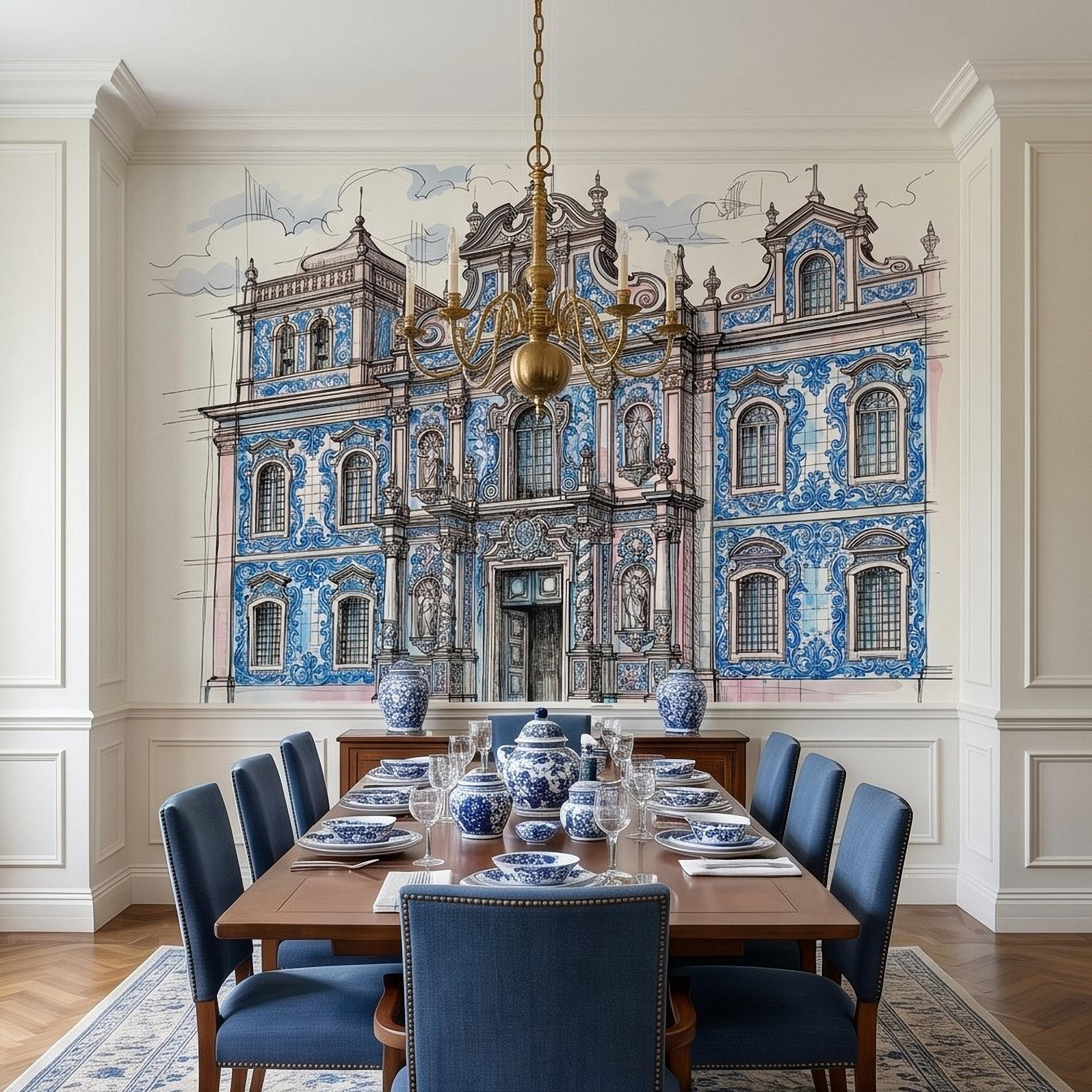 Portuguese Azulejo Tile Building Peel and Stick Wall Mural, Blue White Baroque Facade Sketch, Lisbon Architecture Illustration Wallpaper