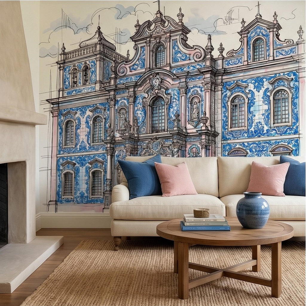 Portuguese Azulejo Tile Building Peel and Stick Wall Mural, Blue White Baroque Facade Sketch, Lisbon Architecture Illustration Wallpaper