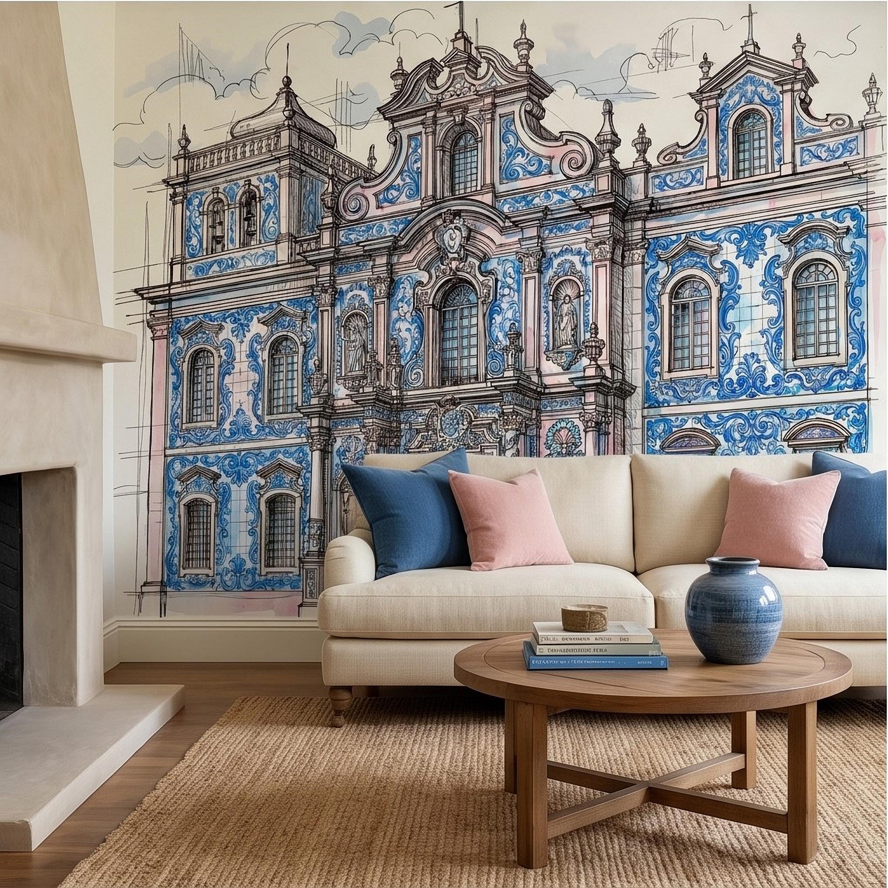 Portuguese Azulejo Tile Building Peel and Stick Wall Mural, Blue White Baroque Facade Sketch, Lisbon Architecture Illustration Wallpaper
