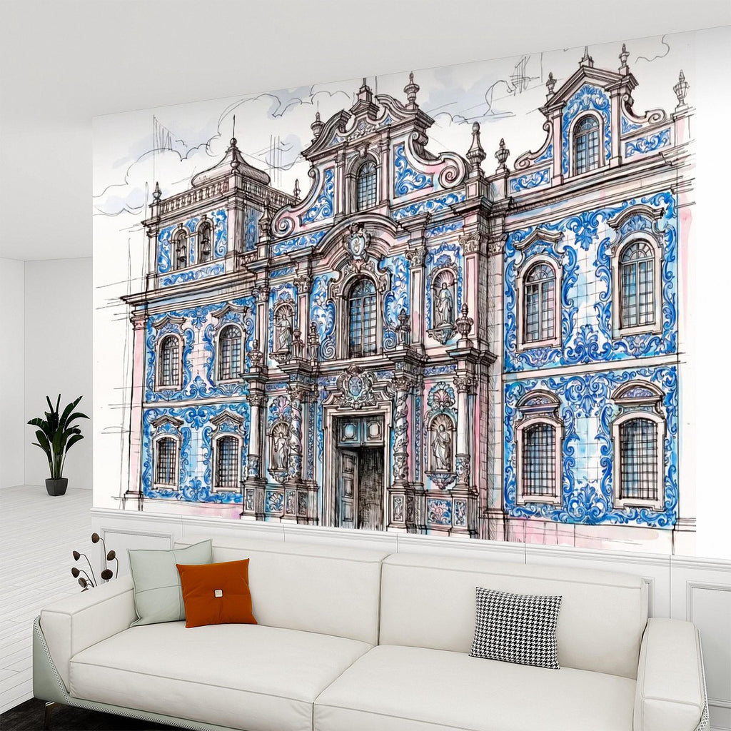 Portuguese Azulejo Tile Building Peel and Stick Wall Mural, Blue White Baroque Facade Sketch, Lisbon Architecture Illustration Wallpaper