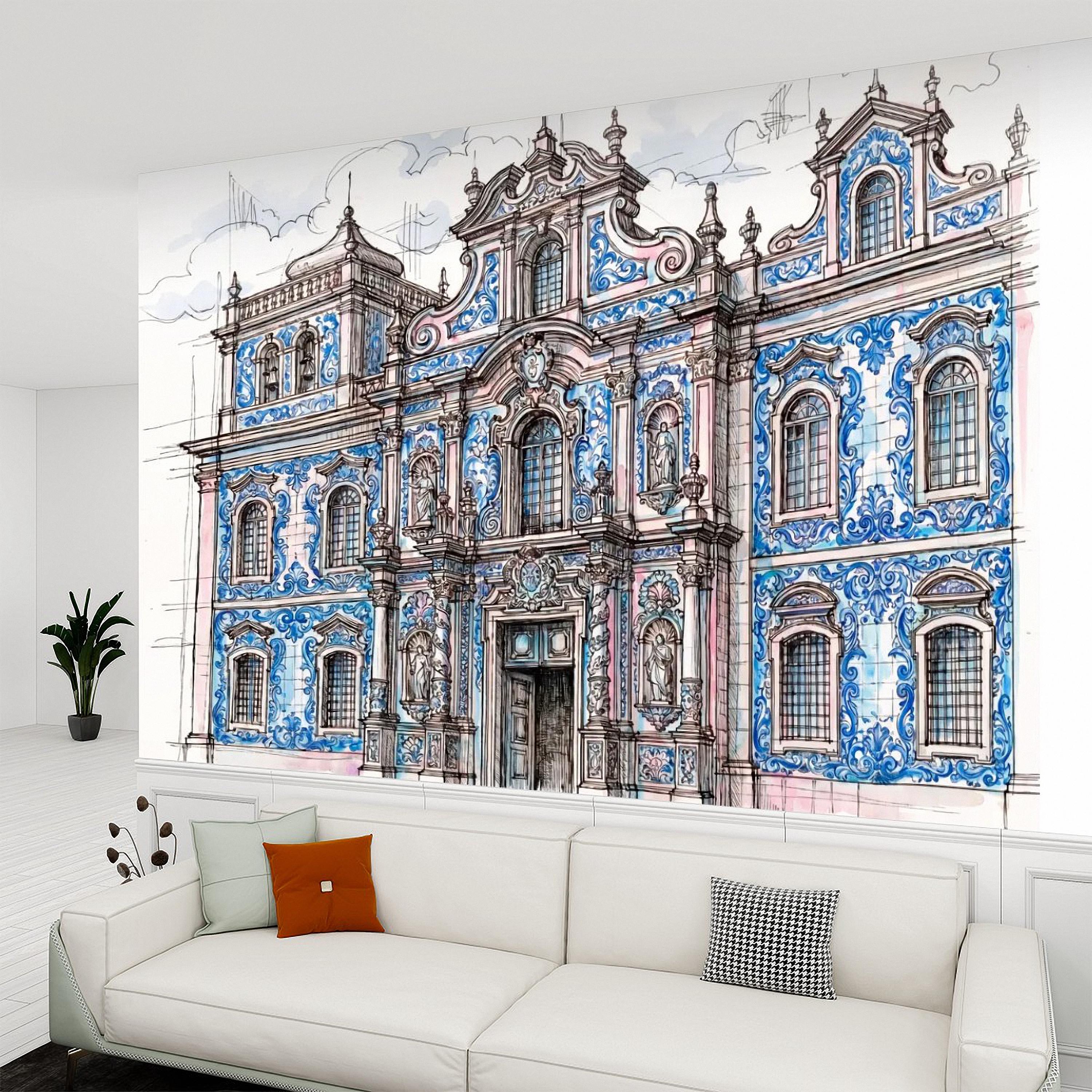 Portuguese Azulejo Tile Building Peel and Stick Wall Mural, Blue White Baroque Facade Sketch, Lisbon Architecture Illustration Wallpaper