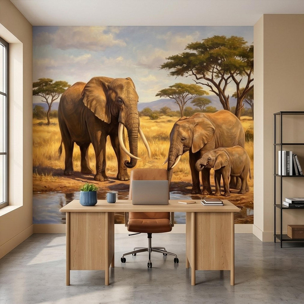 African Elephant Family Peel and Stick Wall Mural, Safari Savanna Watering Hole Acacia Trees, Golden Wildlife Landscape Watercolor Wallpaper