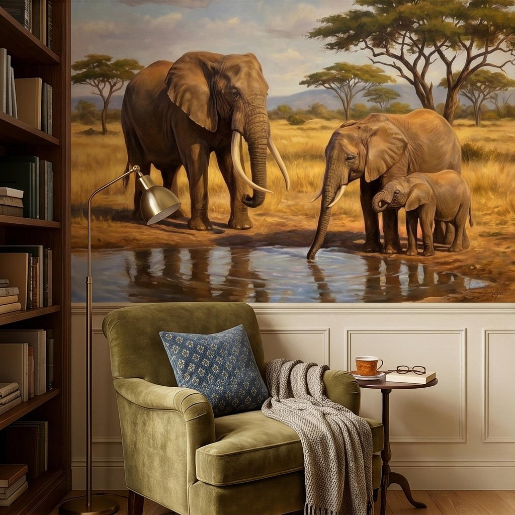 African Elephant Family Peel and Stick Wall Mural, Safari Savanna Watering Hole Acacia Trees, Golden Wildlife Landscape Watercolor Wallpaper