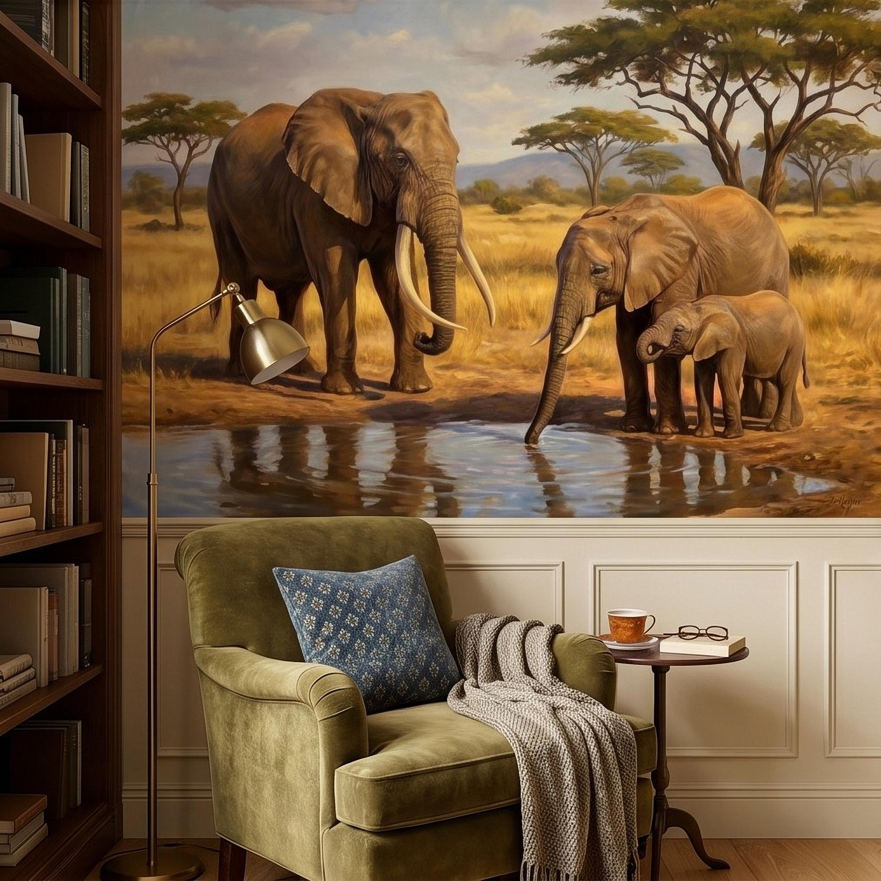 African Elephant Family Peel and Stick Wall Mural, Safari Savanna Watering Hole Acacia Trees, Golden Wildlife Landscape Watercolor Wallpaper
