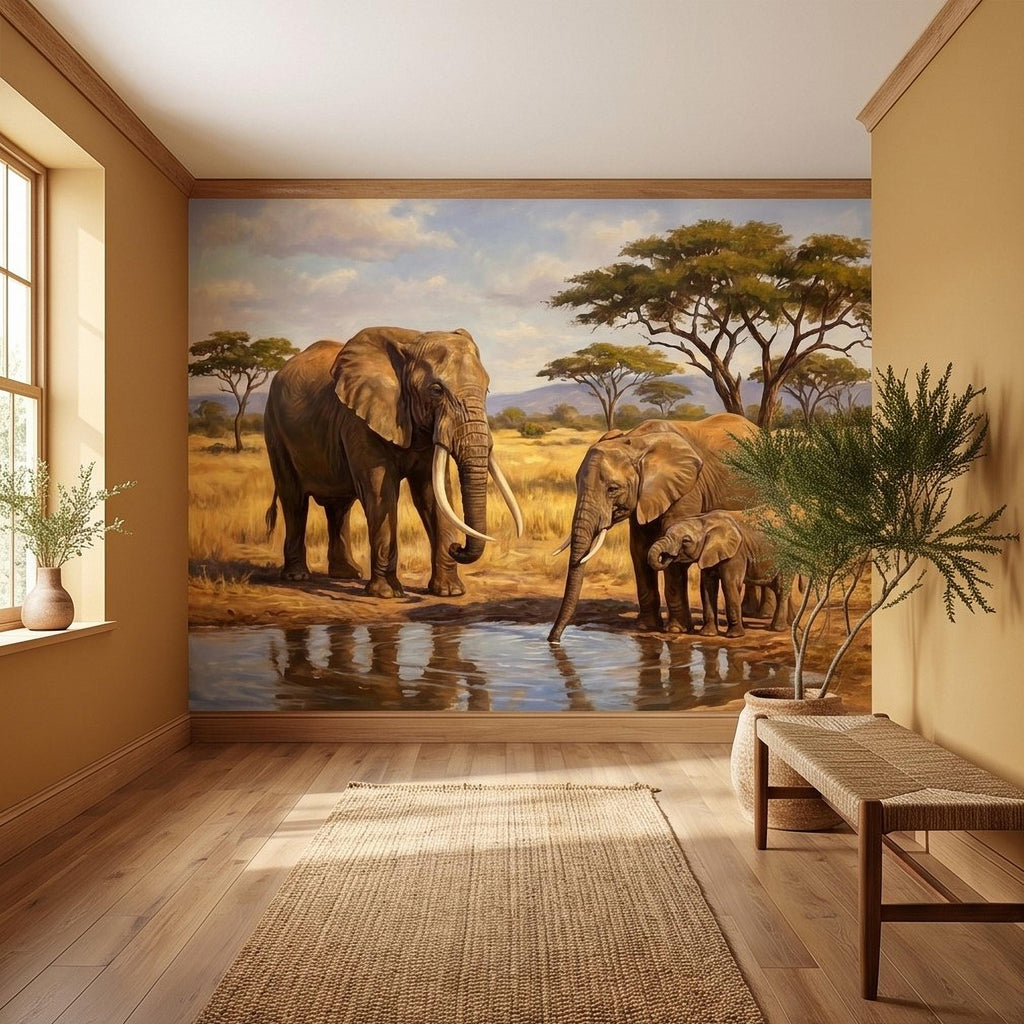 African Elephant Family Peel and Stick Wall Mural, Safari Savanna Watering Hole Acacia Trees, Golden Wildlife Landscape Watercolor Wallpaper