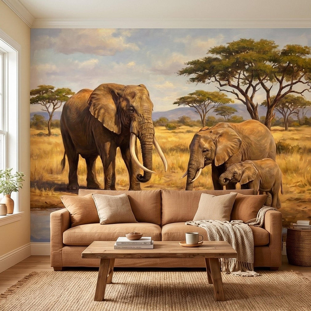 African Elephant Family Peel and Stick Wall Mural, Safari Savanna Watering Hole Acacia Trees, Golden Wildlife Landscape Watercolor Wallpaper
