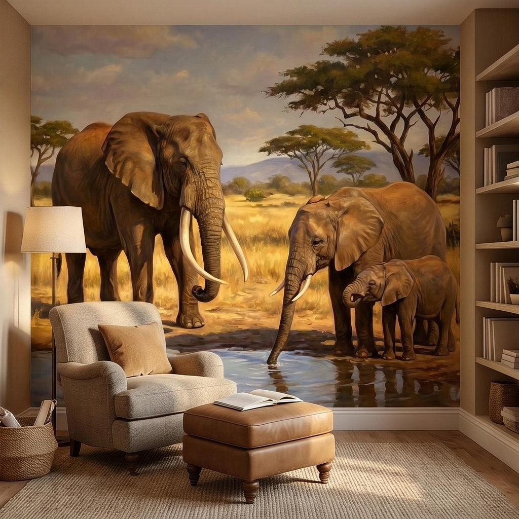 African Elephant Family Peel and Stick Wall Mural, Safari Savanna Watering Hole Acacia Trees, Golden Wildlife Landscape Watercolor Wallpaper