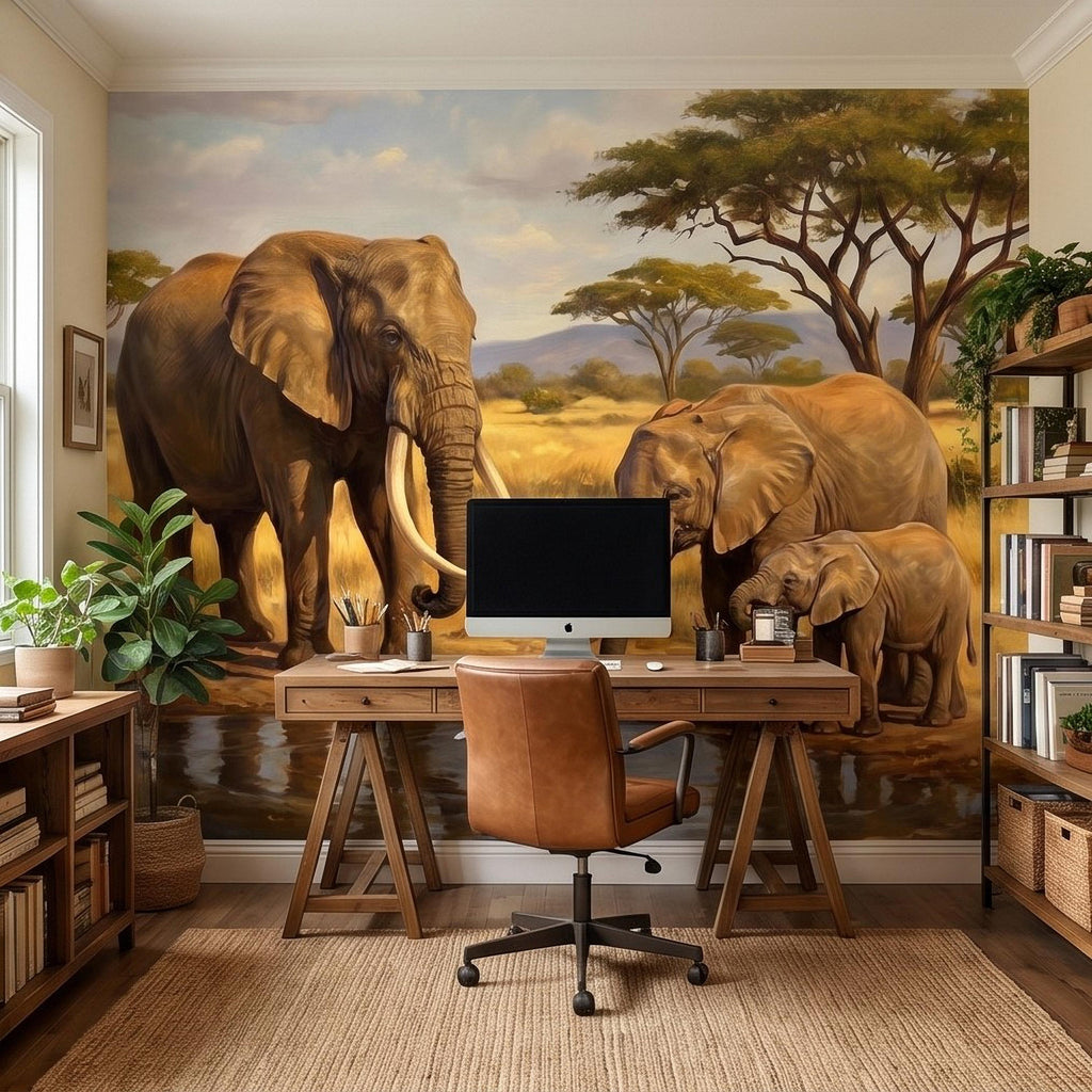 African Elephant Family Peel and Stick Wall Mural, Safari Savanna Watering Hole Acacia Trees, Golden Wildlife Landscape Watercolor Wallpaper