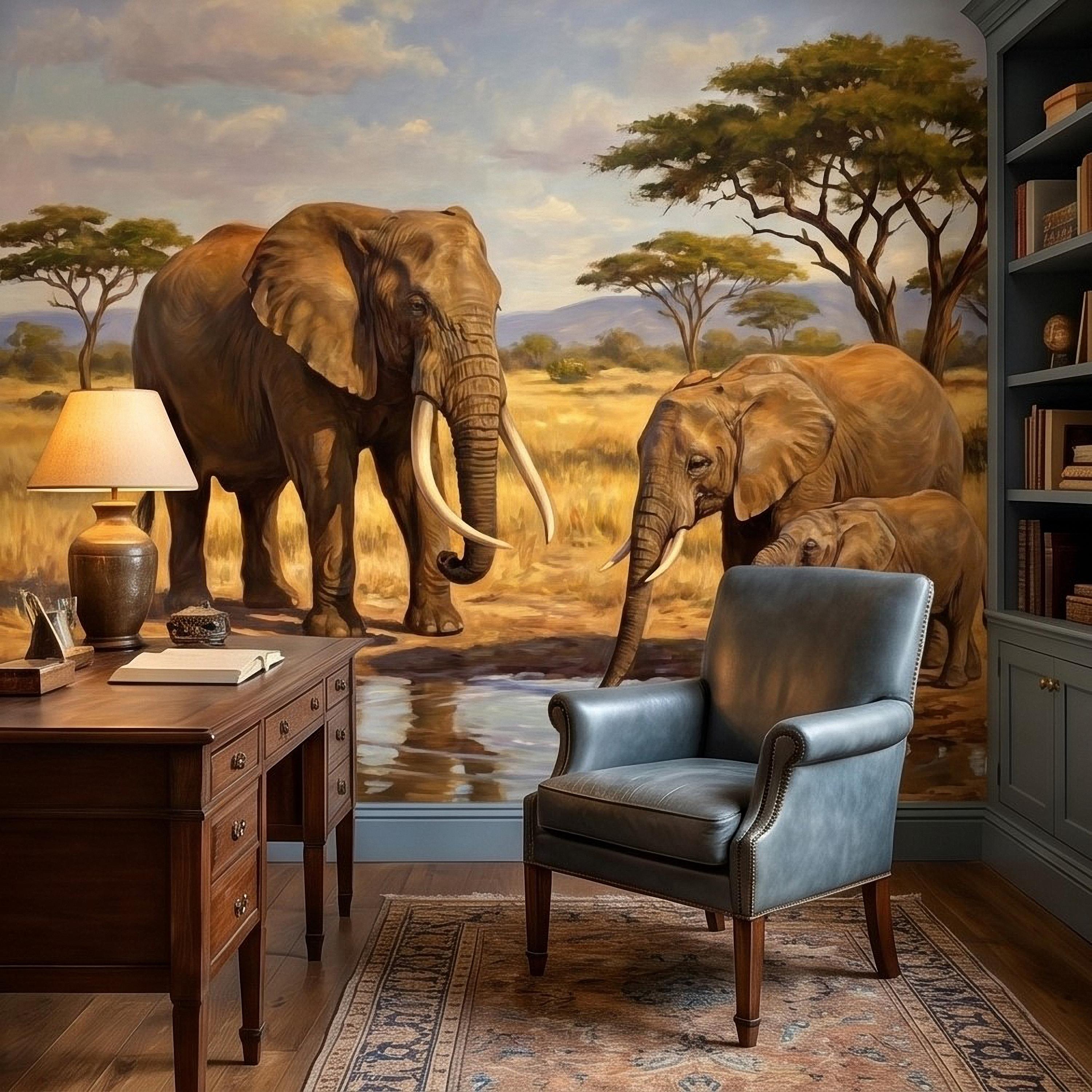 African Elephant Family Peel and Stick Wall Mural, Safari Savanna Watering Hole Acacia Trees, Golden Wildlife Landscape Watercolor Wallpaper