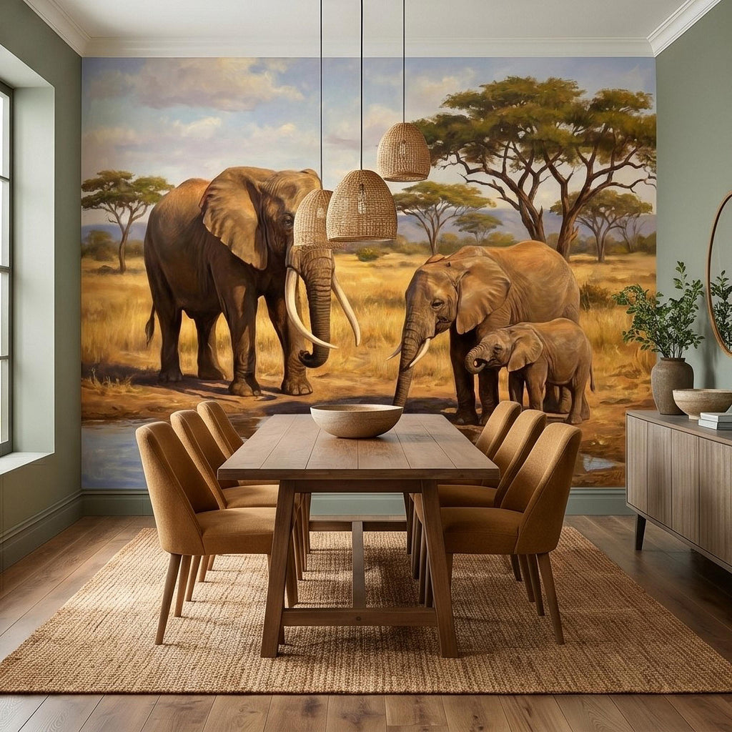 African Elephant Family Peel and Stick Wall Mural, Safari Savanna Watering Hole Acacia Trees, Golden Wildlife Landscape Watercolor Wallpaper