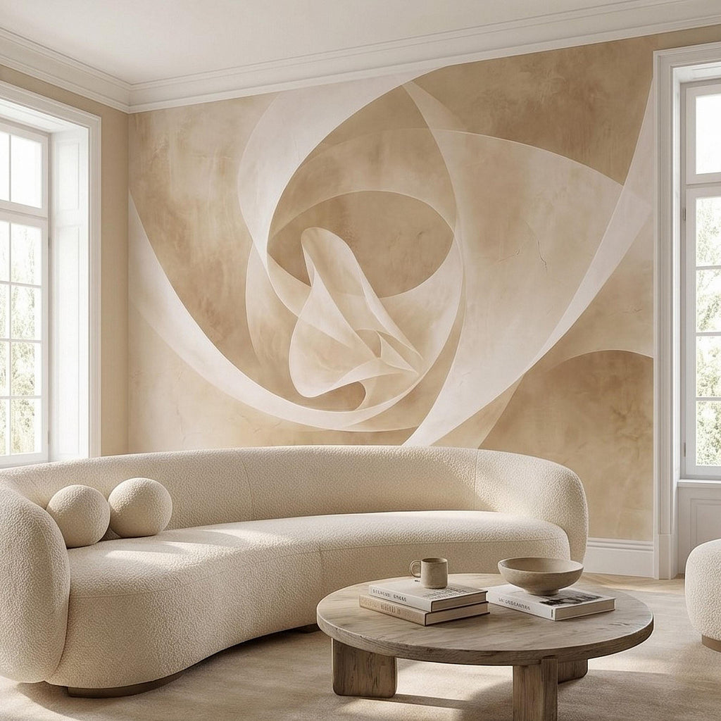 Neutral Abstract Swirl Peel and Stick Wall Mural, Beige Cream Plaster Texture, Minimal Modern Organic Shape, Wabi Sabi Japandi Wallpaper