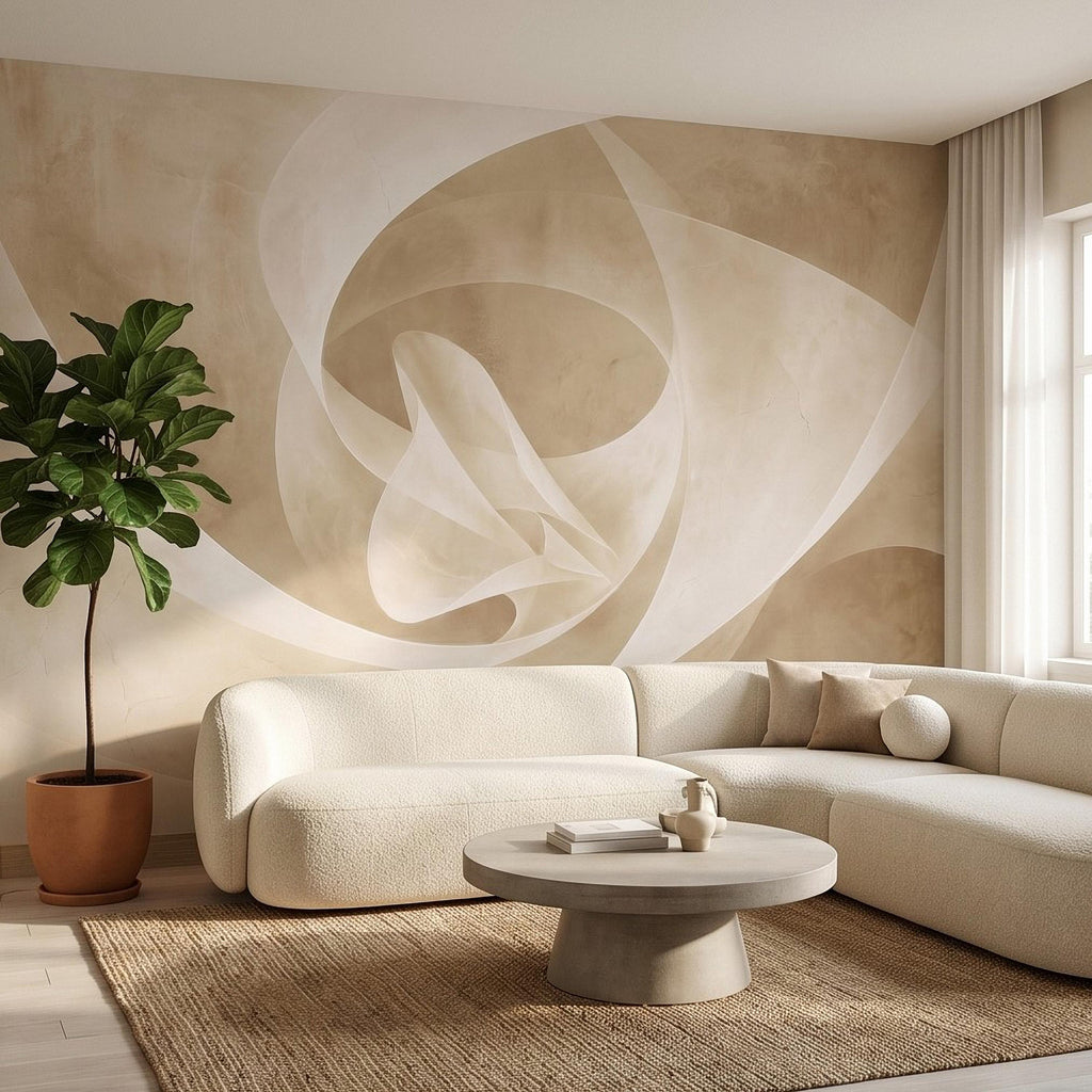 Neutral Abstract Swirl Peel and Stick Wall Mural, Beige Cream Plaster Texture, Minimal Modern Organic Shape, Wabi Sabi Japandi Wallpaper