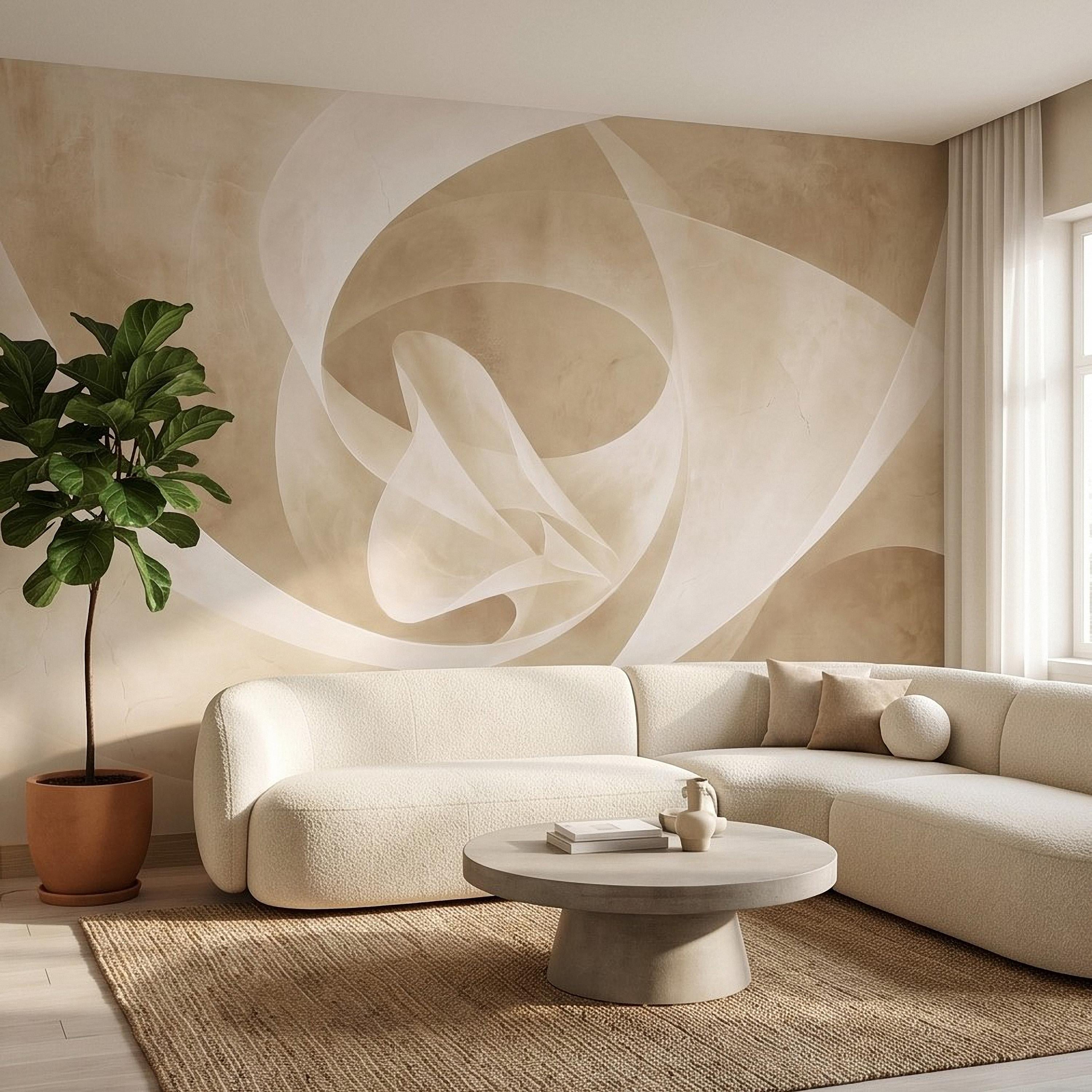 Neutral Abstract Swirl Peel and Stick Wall Mural, Beige Cream Plaster Texture, Minimal Modern Organic Shape, Wabi Sabi Japandi Wallpaper