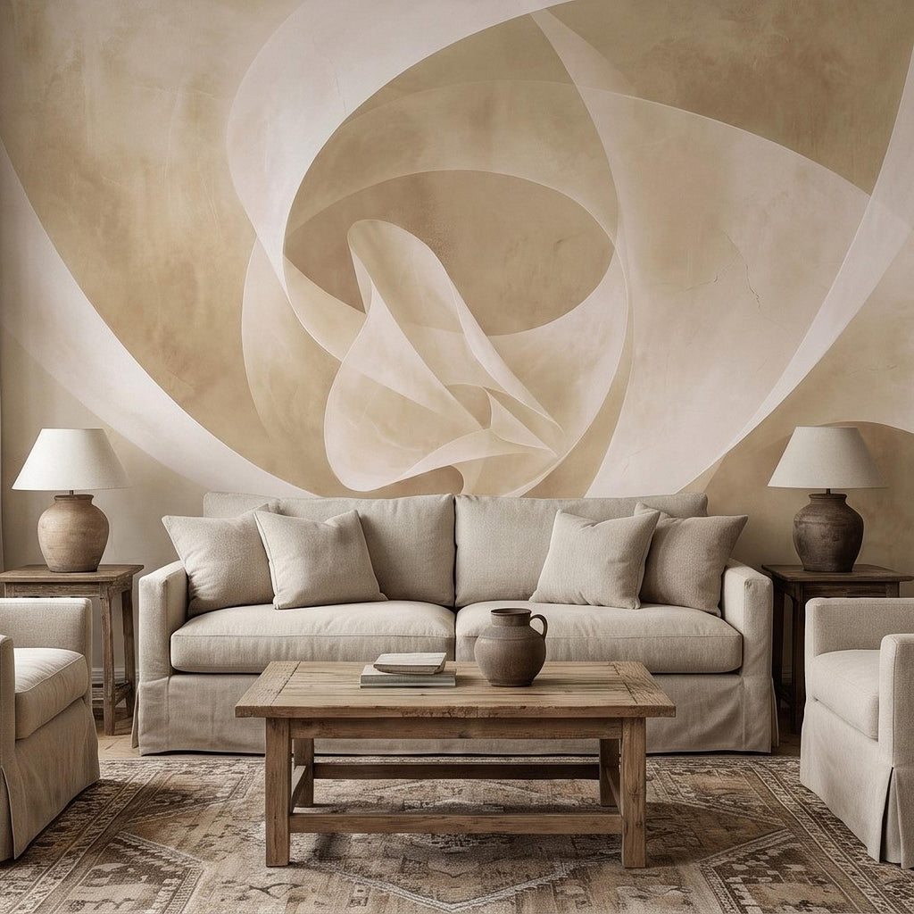 Neutral Abstract Swirl Peel and Stick Wall Mural, Beige Cream Plaster Texture, Minimal Modern Organic Shape, Wabi Sabi Japandi Wallpaper