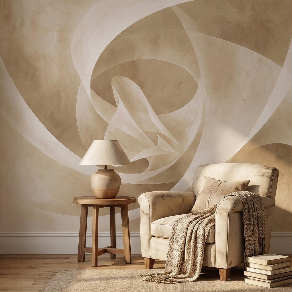 Neutral Abstract Swirl Peel and Stick Wall Mural, Beige Cream Plaster Texture, Minimal Modern Organic Shape, Wabi Sabi Japandi Wallpaper