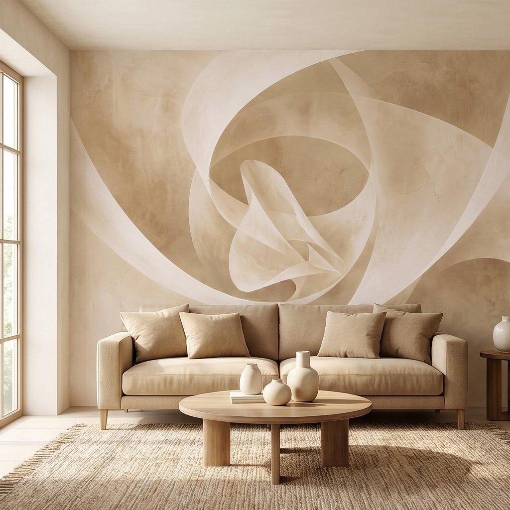 Neutral Abstract Swirl Peel and Stick Wall Mural, Beige Cream Plaster Texture, Minimal Modern Organic Shape, Wabi Sabi Japandi Wallpaper