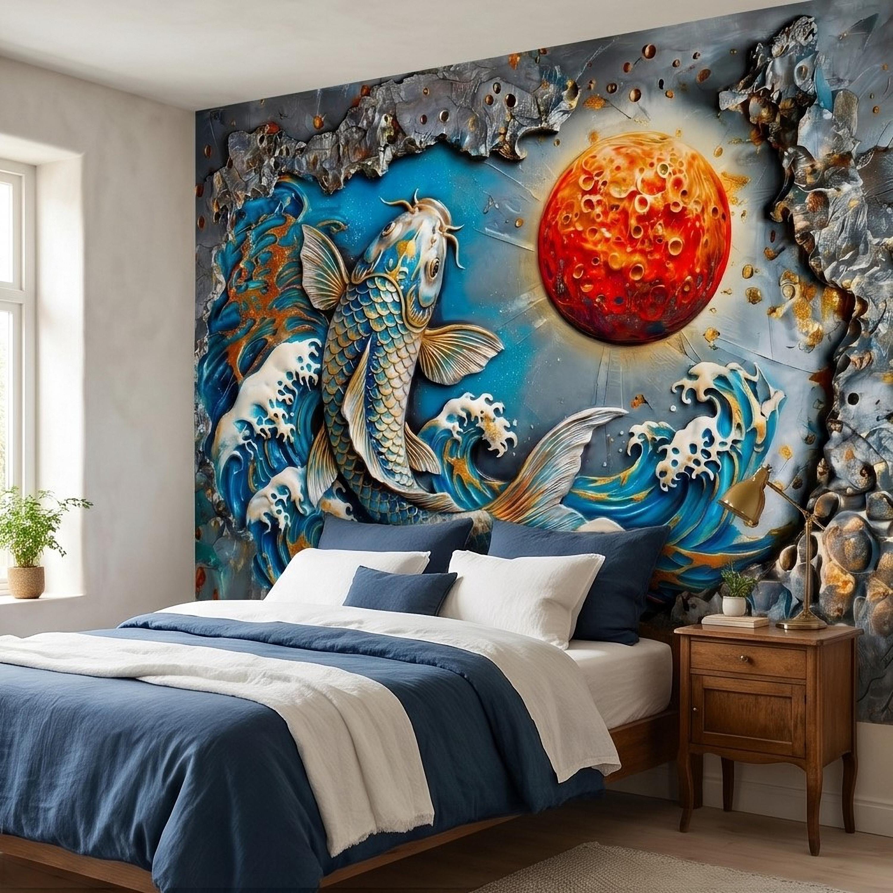 Japanese Koi Fish Peel and Stick Wall Mural, 3D Ocean Waves with Red Moon, Blue White Splash Textured Relief Modern Asian Style Wallpaper