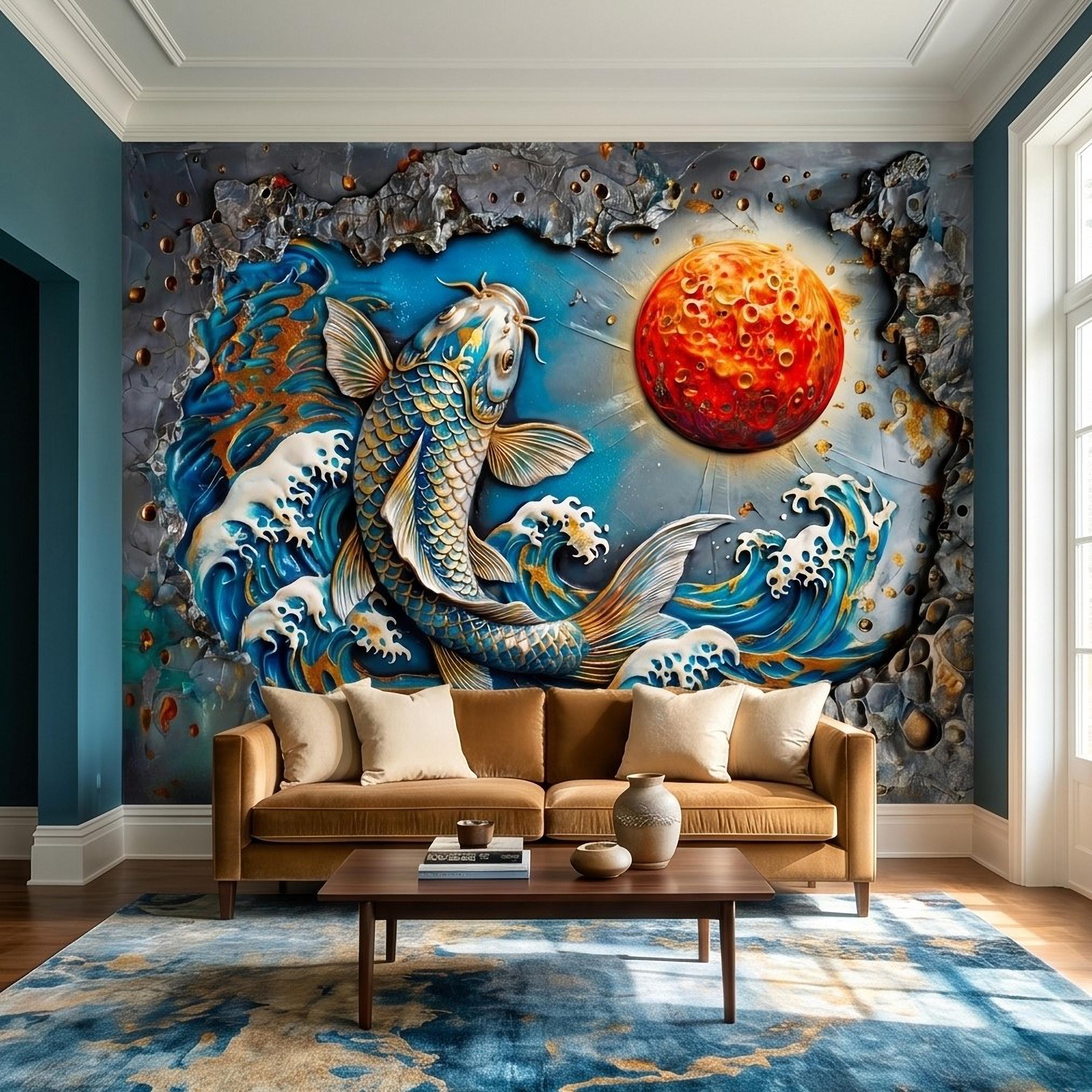Japanese Koi Fish Peel and Stick Wall Mural, 3D Ocean Waves with Red Moon, Blue White Splash Textured Relief Modern Asian Style Wallpaper