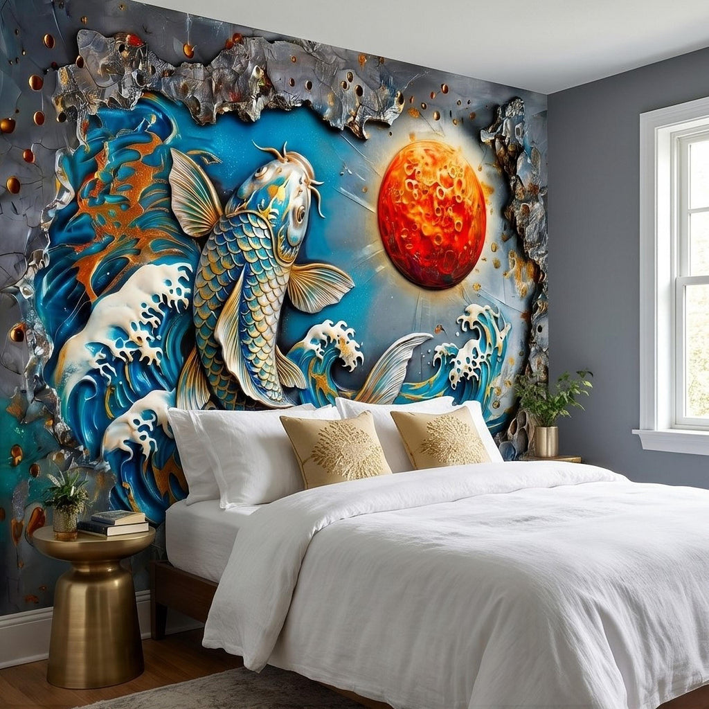 Japanese Koi Fish Peel and Stick Wall Mural, 3D Ocean Waves with Red Moon, Blue White Splash Textured Relief Modern Asian Style Wallpaper