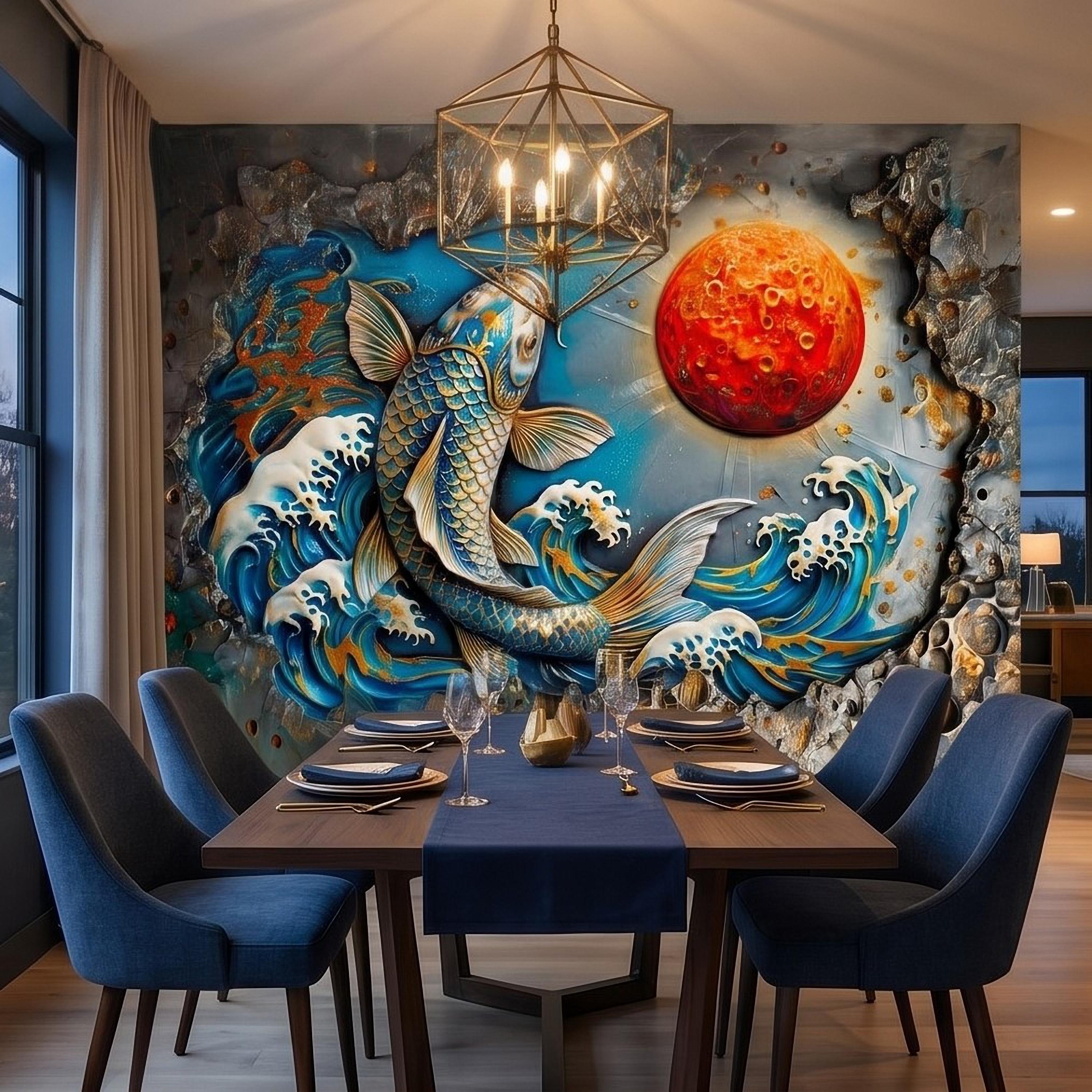Japanese Koi Fish Peel and Stick Wall Mural, 3D Ocean Waves with Red Moon, Blue White Splash Textured Relief Modern Asian Style Wallpaper