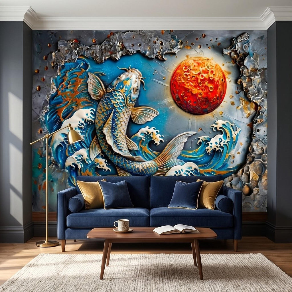 Japanese Koi Fish Peel and Stick Wall Mural, 3D Ocean Waves with Red Moon, Blue White Splash Textured Relief Modern Asian Style Wallpaper