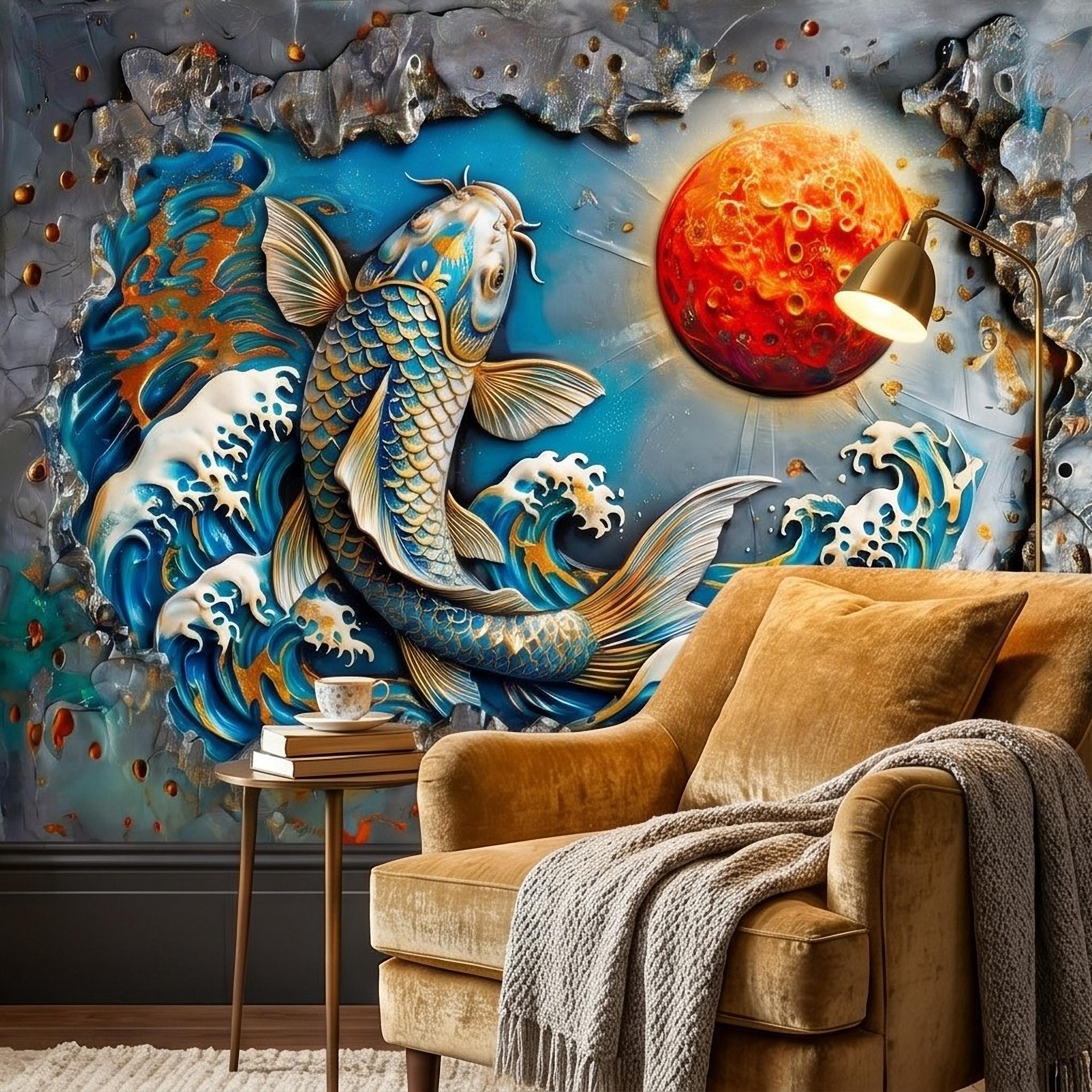 Japanese Koi Fish Peel and Stick Wall Mural, 3D Ocean Waves with Red Moon, Blue White Splash Textured Relief Modern Asian Style Wallpaper