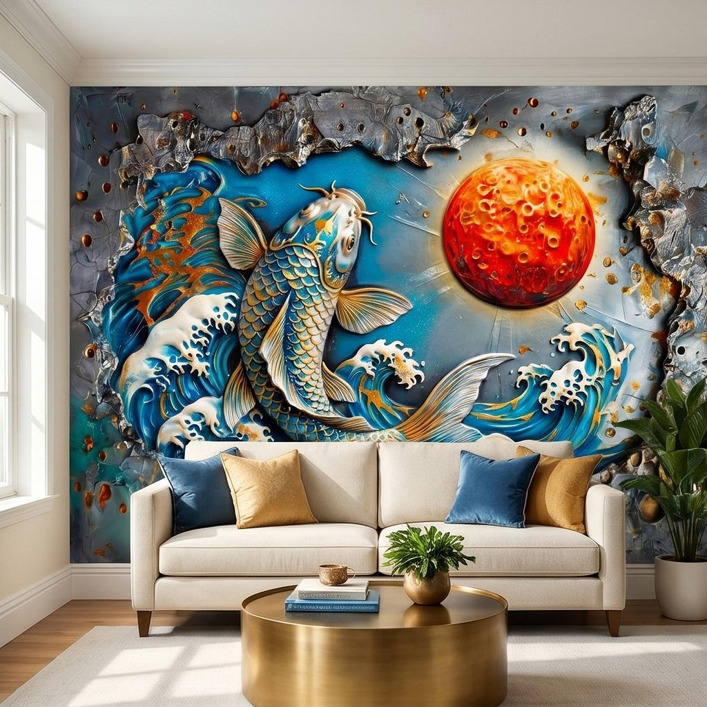 Japanese Koi Fish Peel and Stick Wall Mural, 3D Ocean Waves with Red Moon, Blue White Splash Textured Relief Modern Asian Style Wallpaper