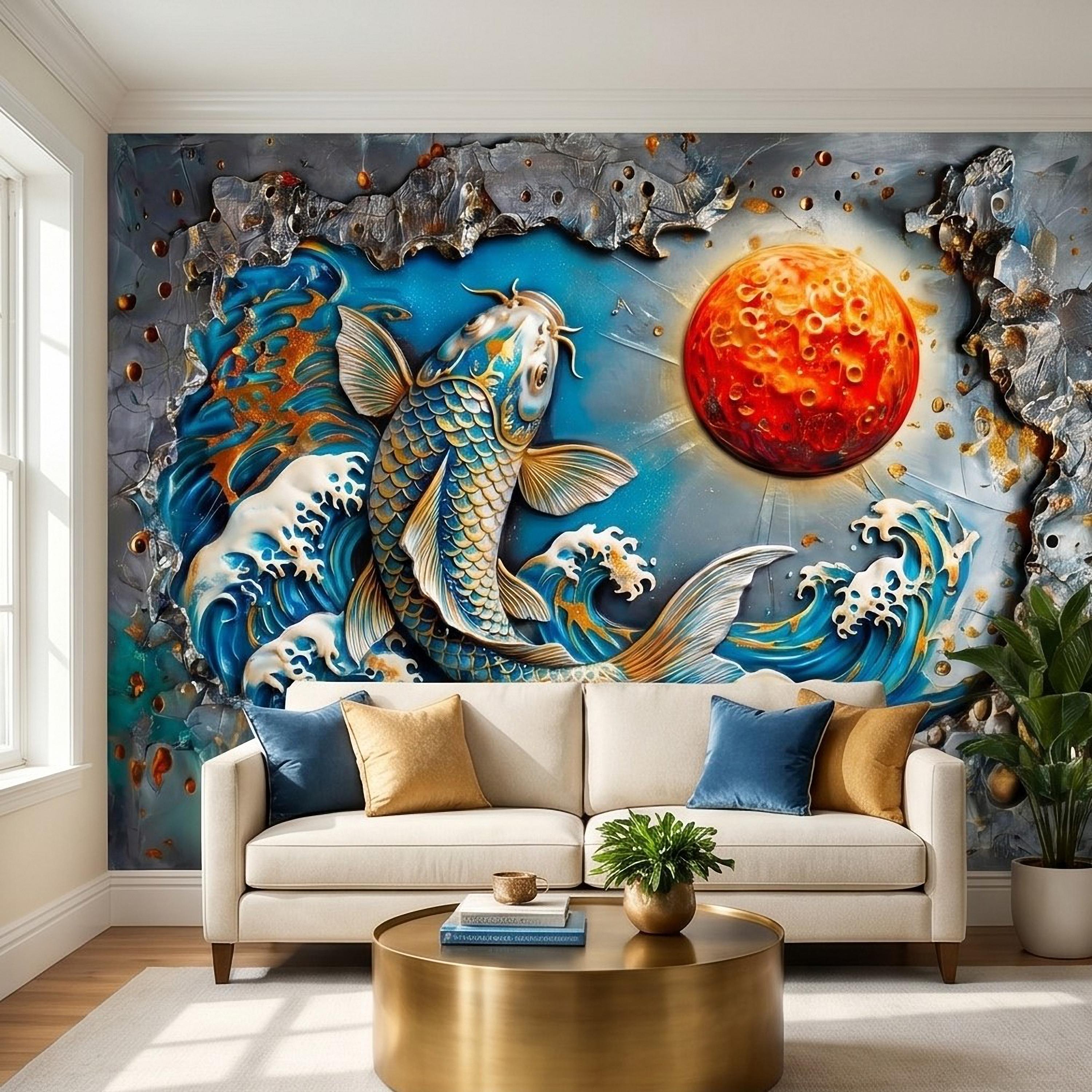 Japanese Koi Fish Peel and Stick Wall Mural, 3D Ocean Waves with Red Moon, Blue White Splash Textured Relief Modern Asian Style Wallpaper