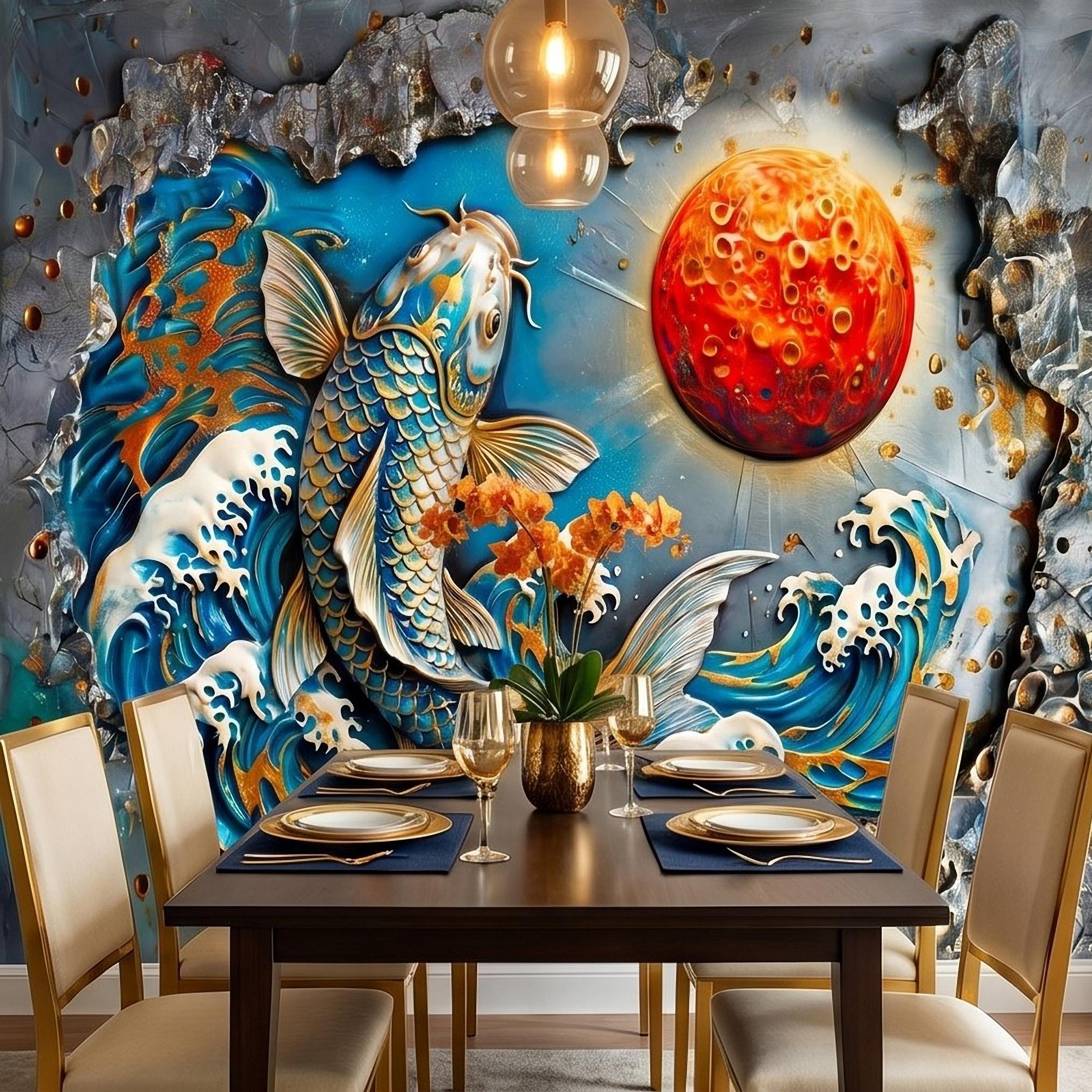 Japanese Koi Fish Peel and Stick Wall Mural, 3D Ocean Waves with Red Moon, Blue White Splash Textured Relief Modern Asian Style Wallpaper
