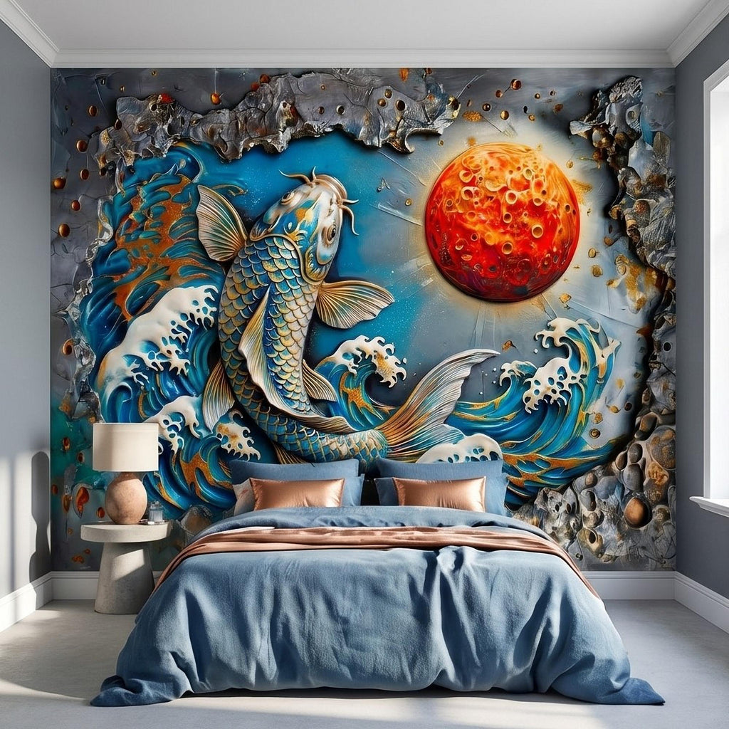 Japanese Koi Fish Peel and Stick Wall Mural, 3D Ocean Waves with Red Moon, Blue White Splash Textured Relief Modern Asian Style Wallpaper