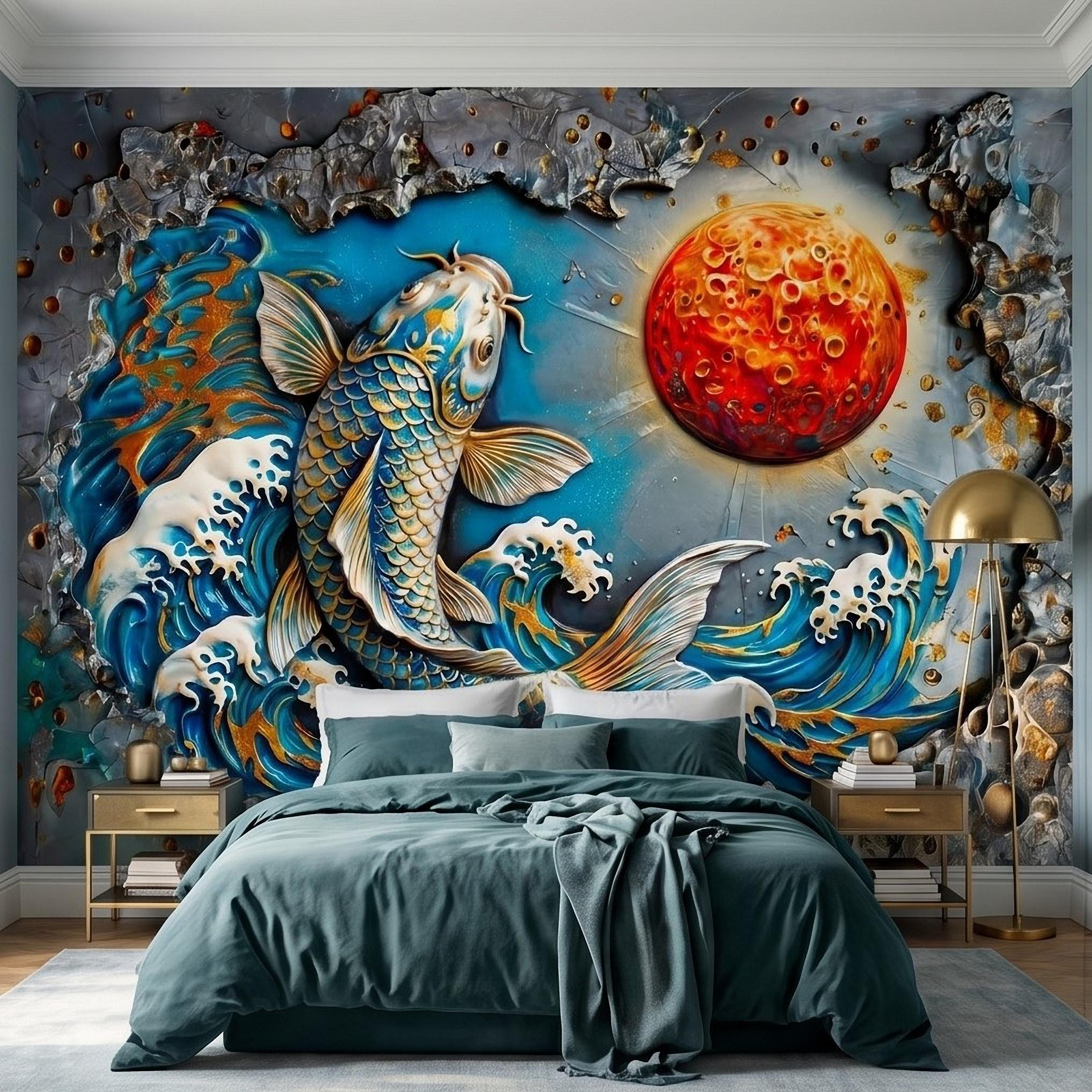 Japanese Koi Fish Peel and Stick Wall Mural, 3D Ocean Waves with Red Moon, Blue White Splash Textured Relief Modern Asian Style Wallpaper