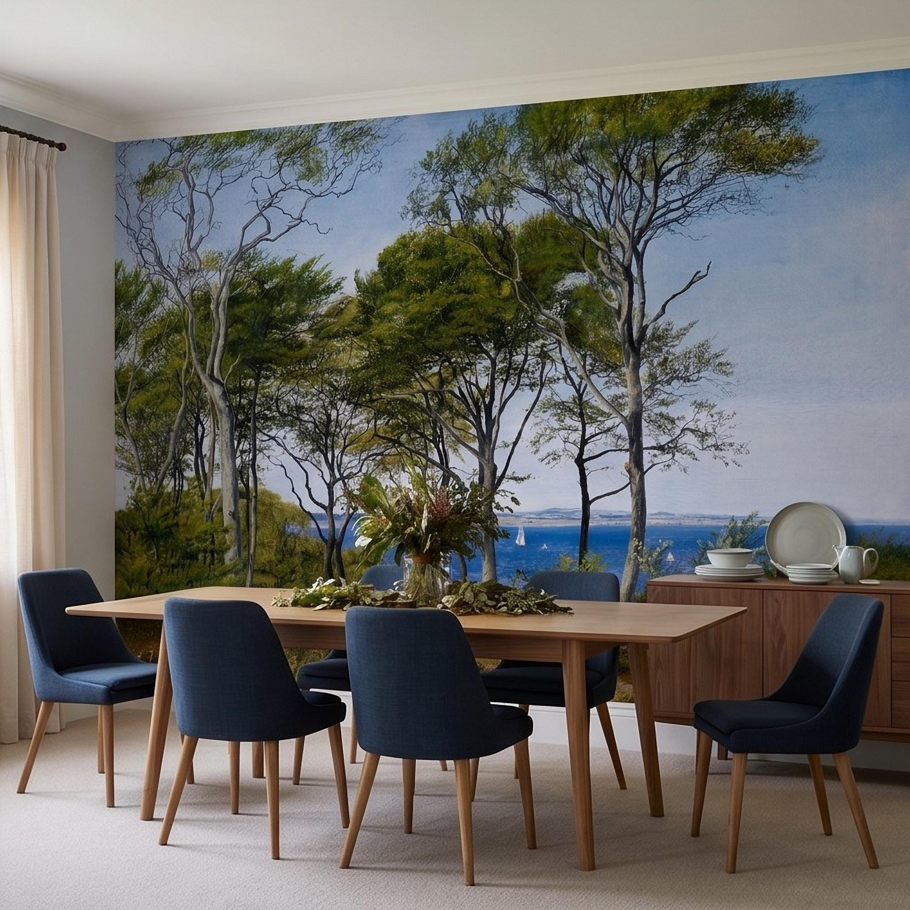 Coastal Forest Seaside Peel and Stick Wall Mural, Blue Ocean Seascape with Sailboats, Trees Path Landscape, Calm Nordic Summer Sky Wallpaper