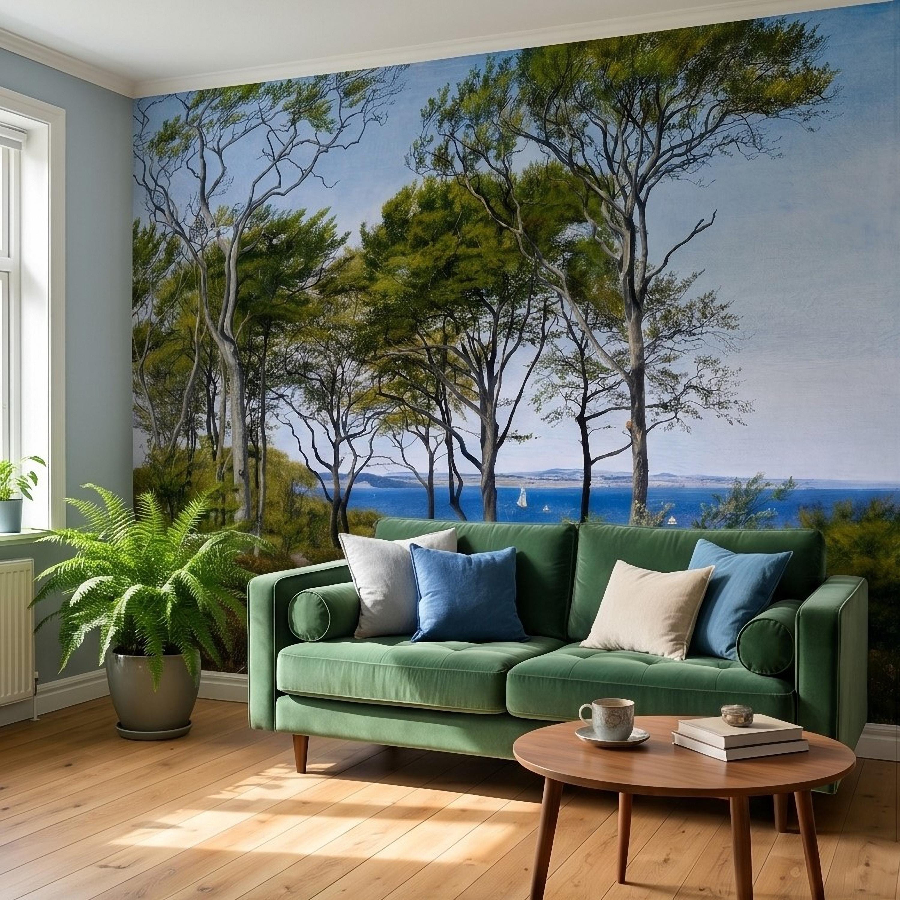 Coastal Forest Seaside Peel and Stick Wall Mural, Blue Ocean Seascape with Sailboats, Trees Path Landscape, Calm Nordic Summer Sky Wallpaper