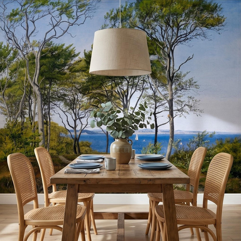 Coastal Forest Seaside Peel and Stick Wall Mural, Blue Ocean Seascape with Sailboats, Trees Path Landscape, Calm Nordic Summer Sky Wallpaper