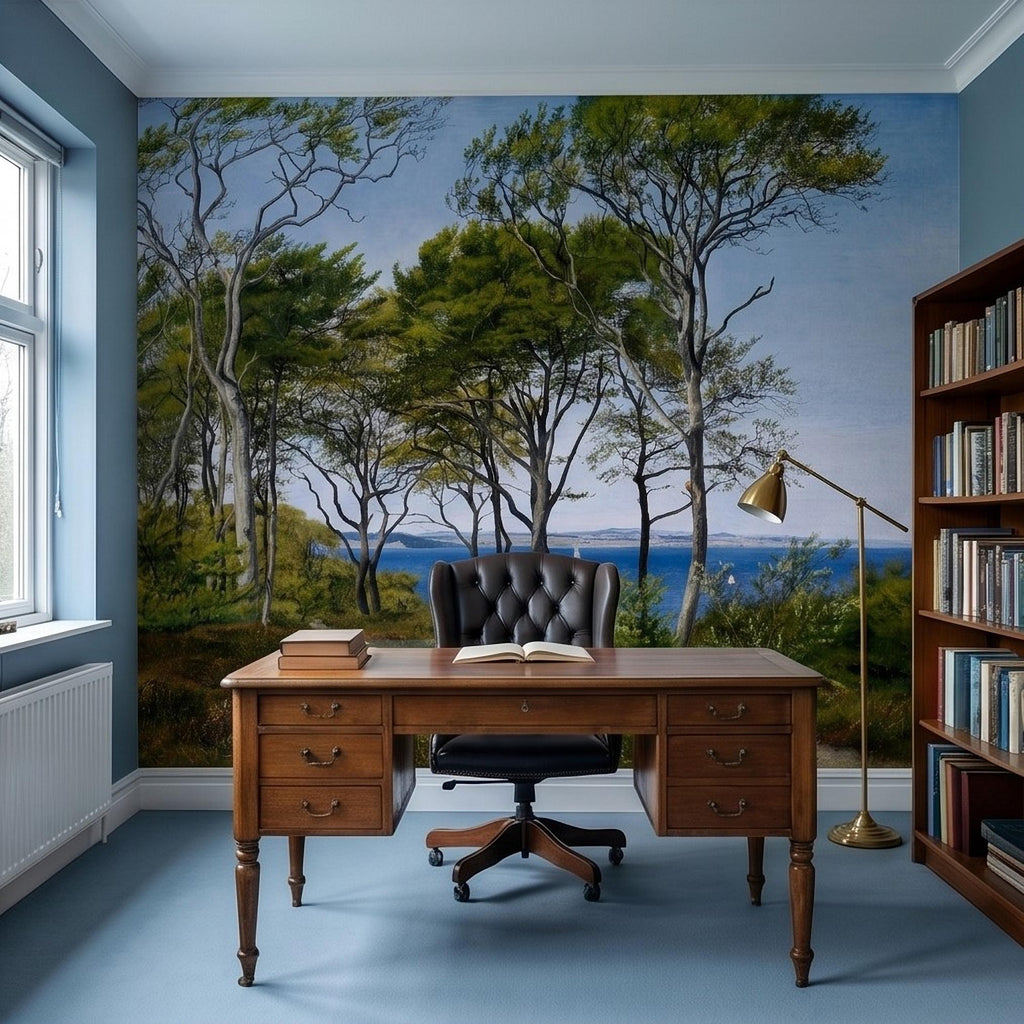 Coastal Forest Seaside Peel and Stick Wall Mural, Blue Ocean Seascape with Sailboats, Trees Path Landscape, Calm Nordic Summer Sky Wallpaper