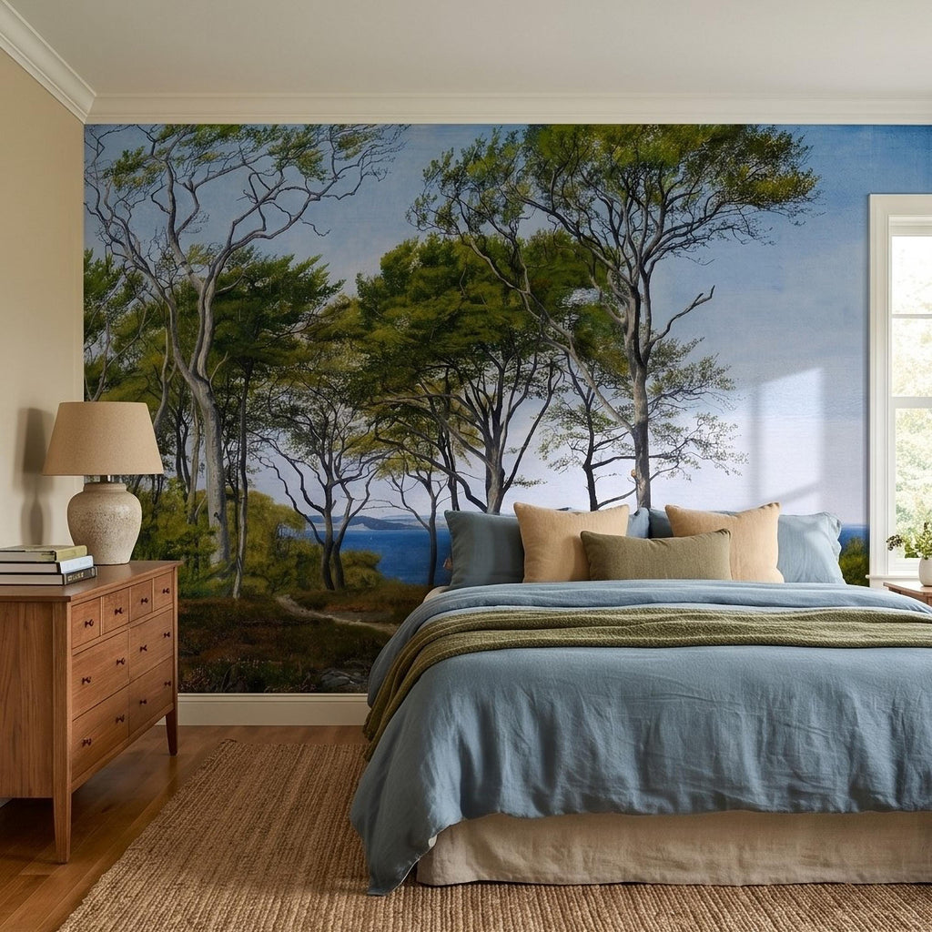 Coastal Forest Seaside Peel and Stick Wall Mural, Blue Ocean Seascape with Sailboats, Trees Path Landscape, Calm Nordic Summer Sky Wallpaper