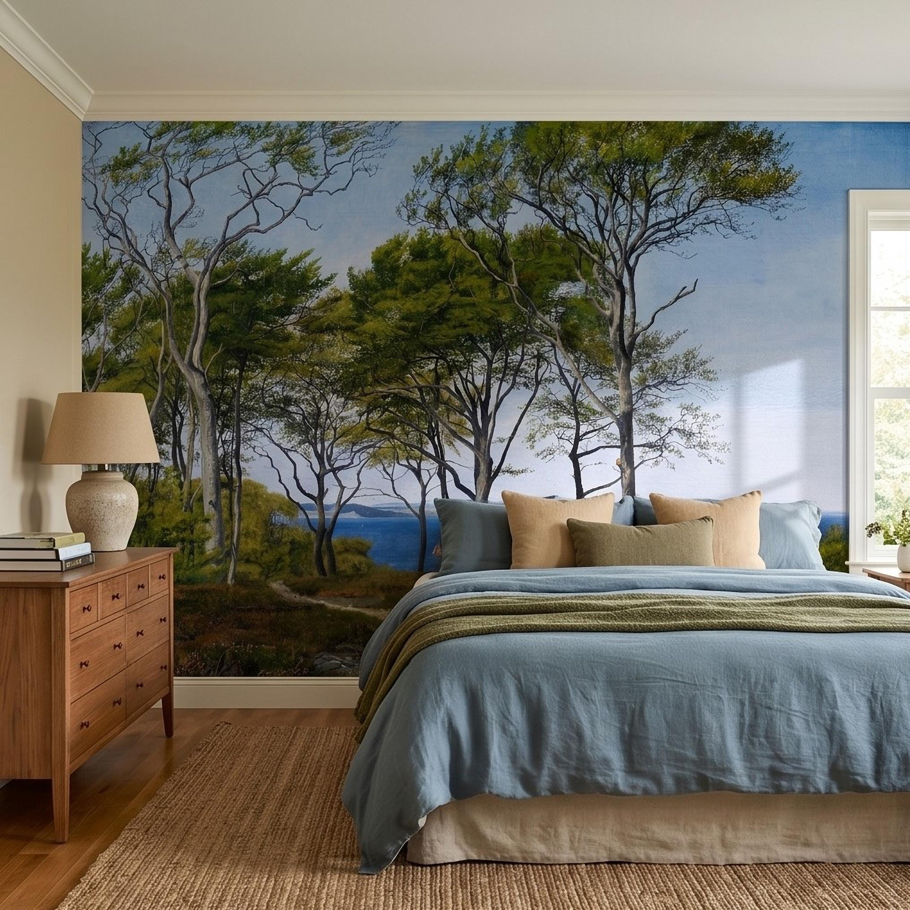 Coastal Forest Seaside Peel and Stick Wall Mural, Blue Ocean Seascape with Sailboats, Trees Path Landscape, Calm Nordic Summer Sky Wallpaper