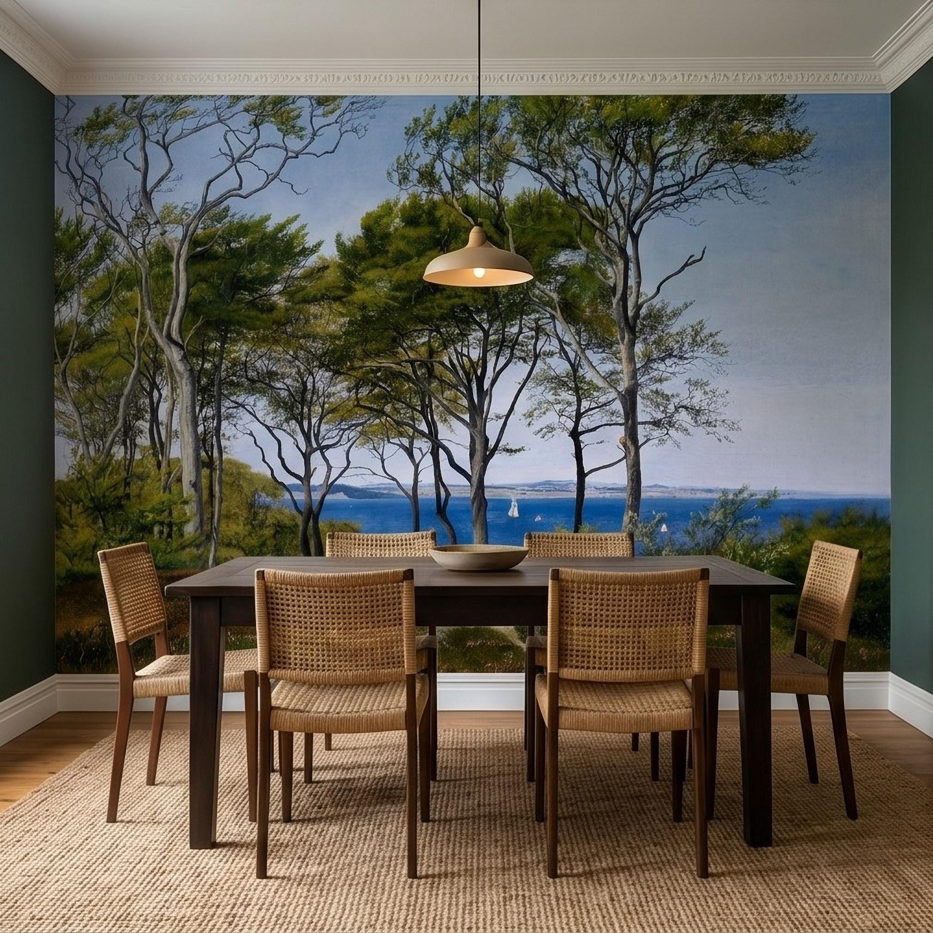 Coastal Forest Seaside Peel and Stick Wall Mural, Blue Ocean Seascape with Sailboats, Trees Path Landscape, Calm Nordic Summer Sky Wallpaper