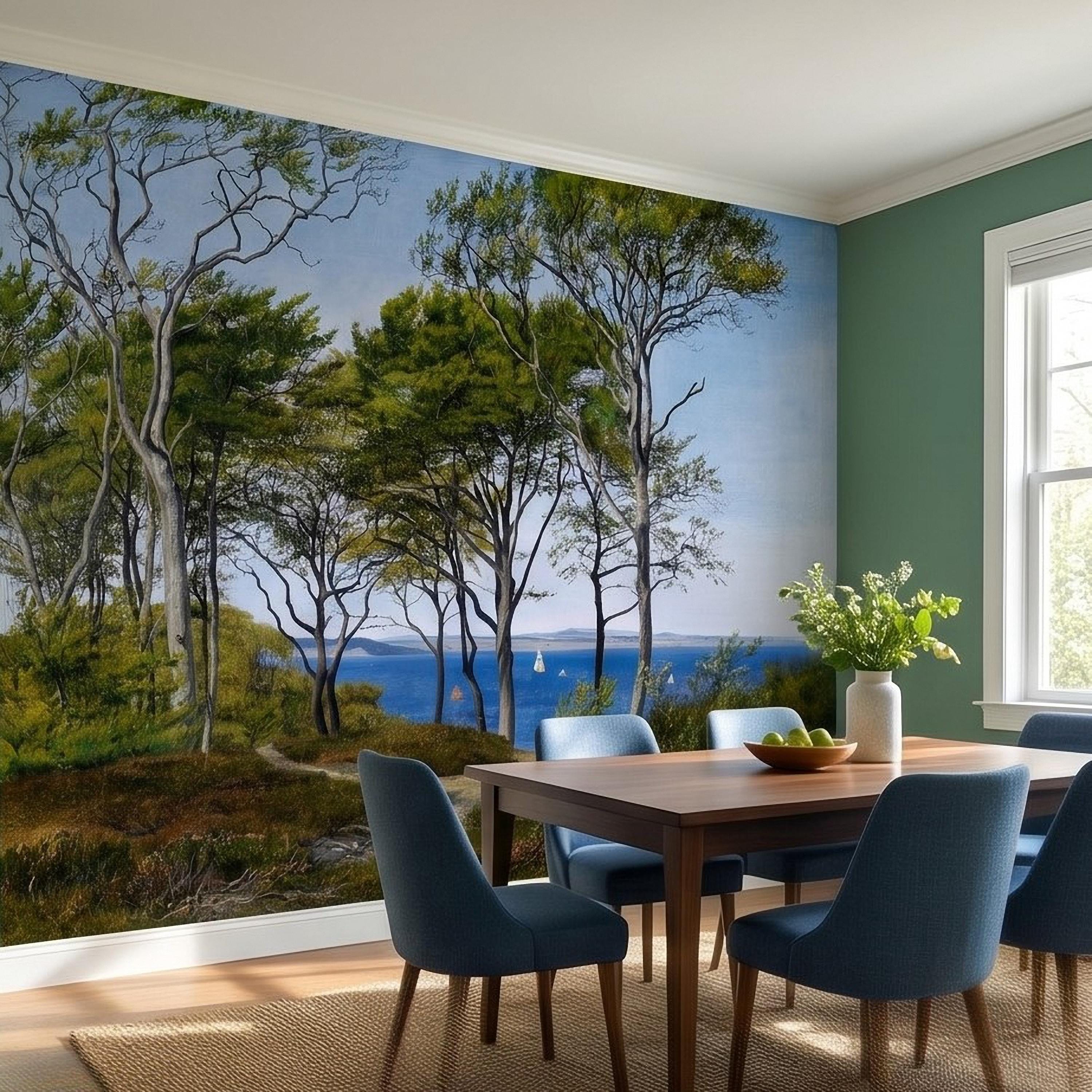 Coastal Forest Seaside Peel and Stick Wall Mural, Blue Ocean Seascape with Sailboats, Trees Path Landscape, Calm Nordic Summer Sky Wallpaper