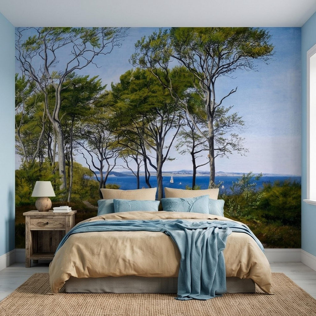 Coastal Forest Seaside Peel and Stick Wall Mural, Blue Ocean Seascape with Sailboats, Trees Path Landscape, Calm Nordic Summer Sky Wallpaper