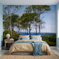 Coastal Forest Seaside Peel and Stick Wall Mural, Blue Ocean Seascape with Sailboats, Trees Path Landscape, Calm Nordic Summer Sky Wallpaper