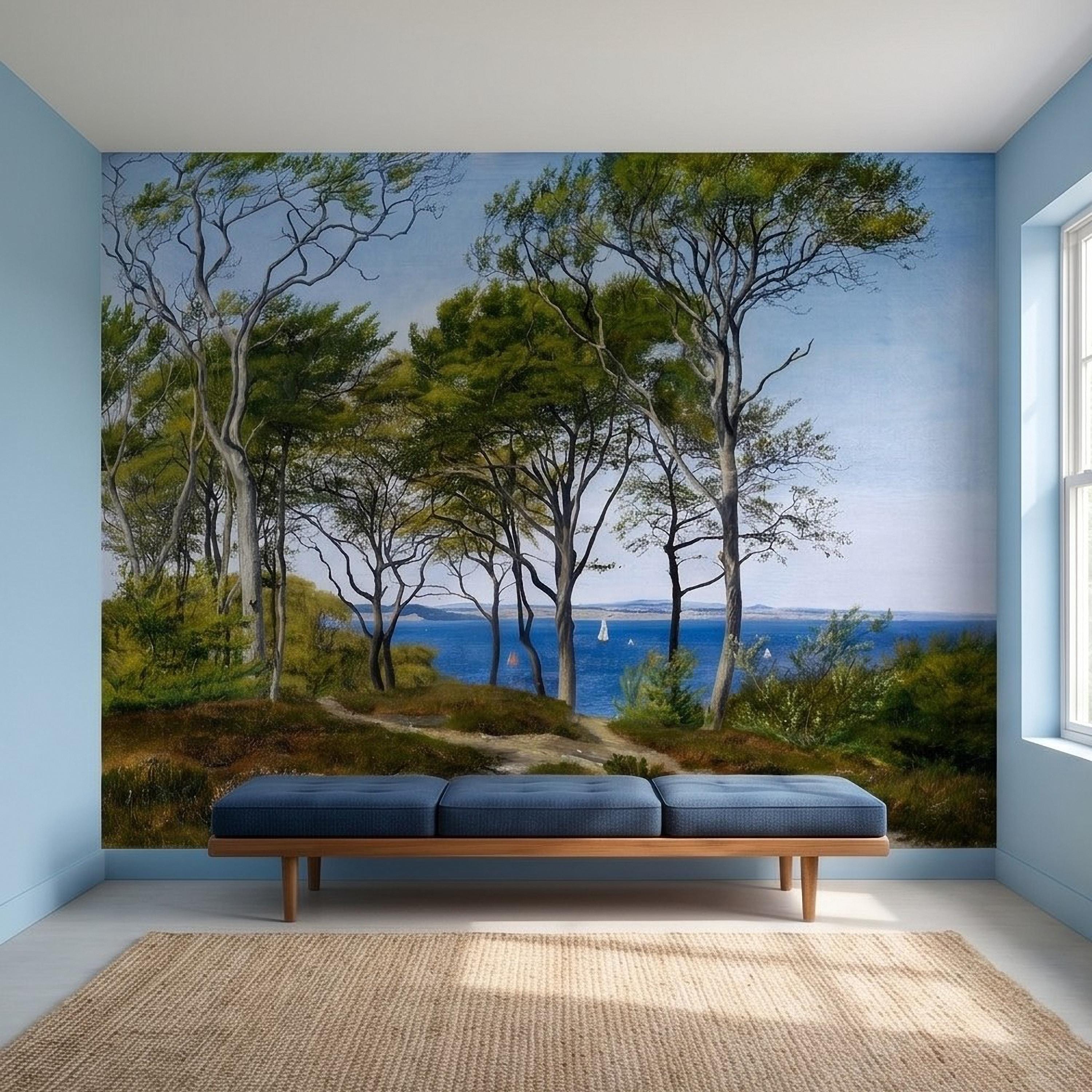 Coastal Forest Seaside Peel and Stick Wall Mural, Blue Ocean Seascape with Sailboats, Trees Path Landscape, Calm Nordic Summer Sky Wallpaper