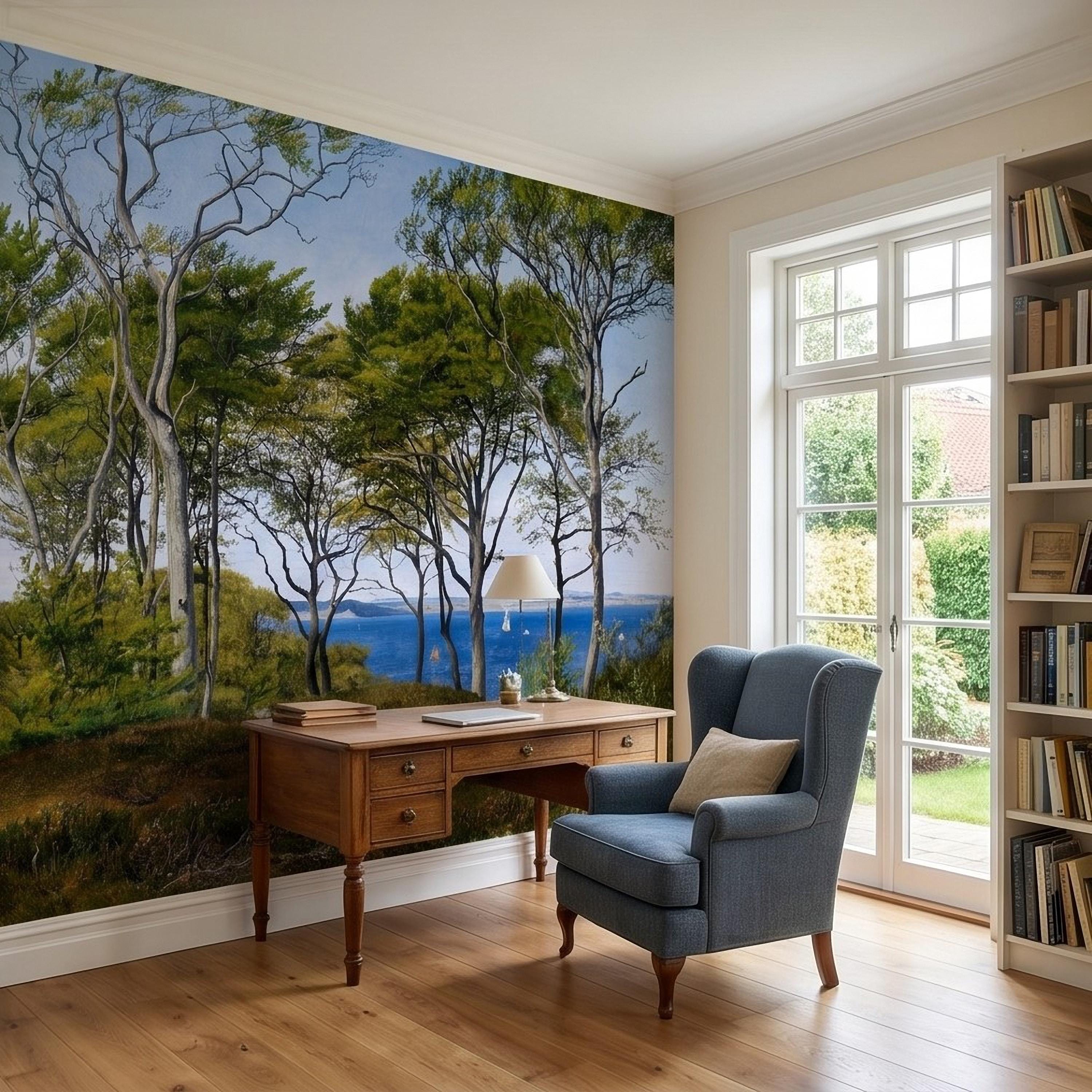 Coastal Forest Seaside Peel and Stick Wall Mural, Blue Ocean Seascape with Sailboats, Trees Path Landscape, Calm Nordic Summer Sky Wallpaper